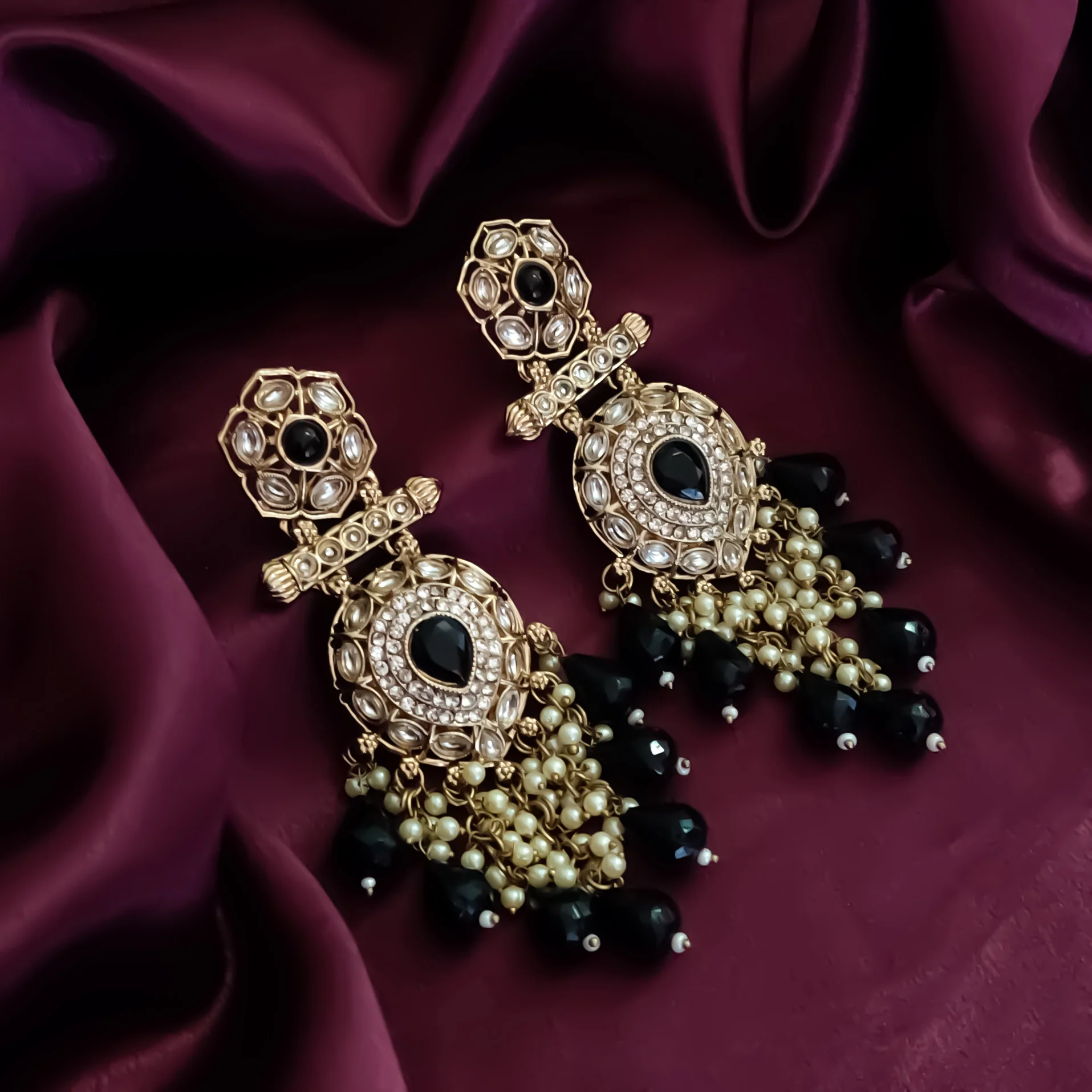 Mihika Kundan Chandbali Earrings - Black - Image 6