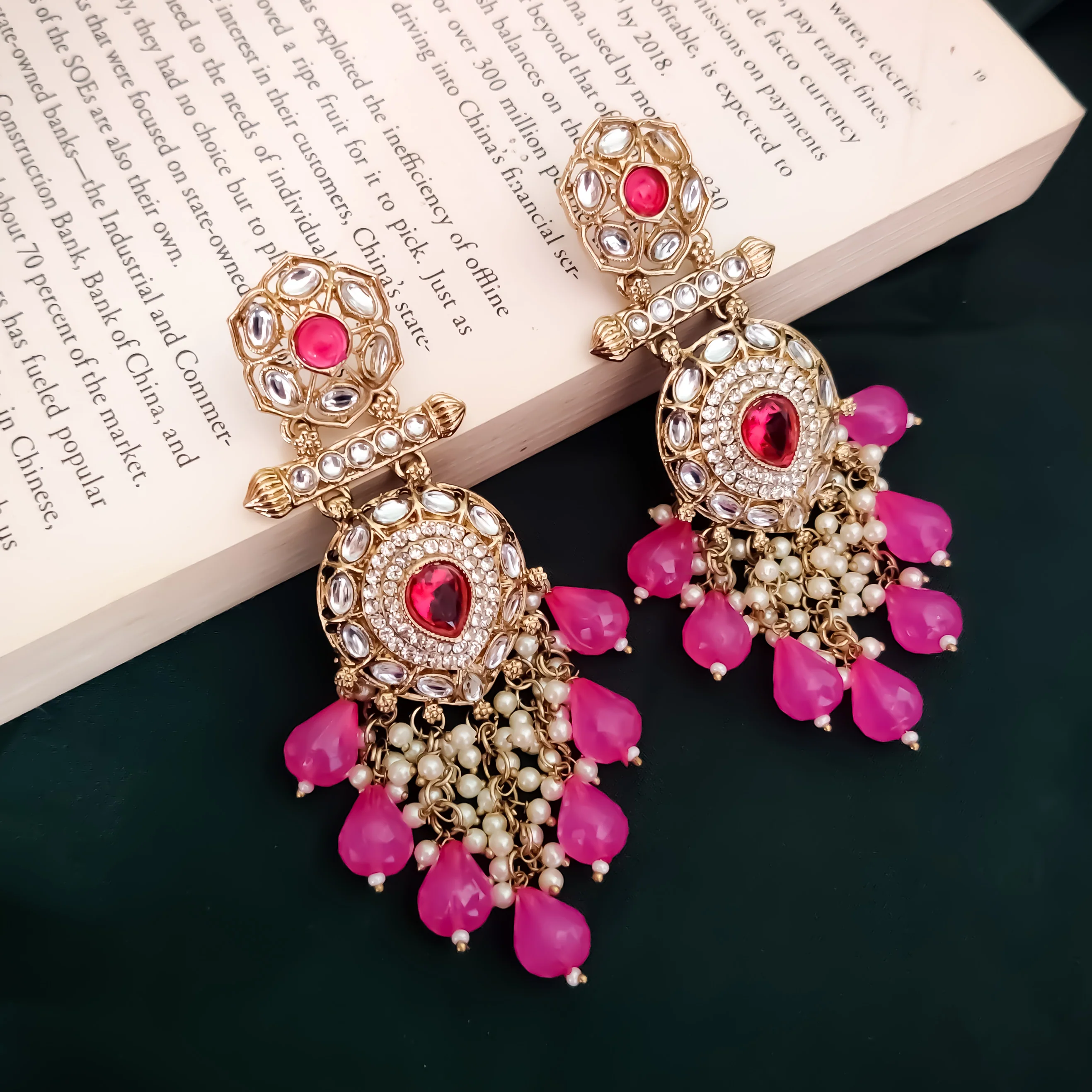 Mihika Kundan Chandbali Earrings - Hot Pink - Image 3