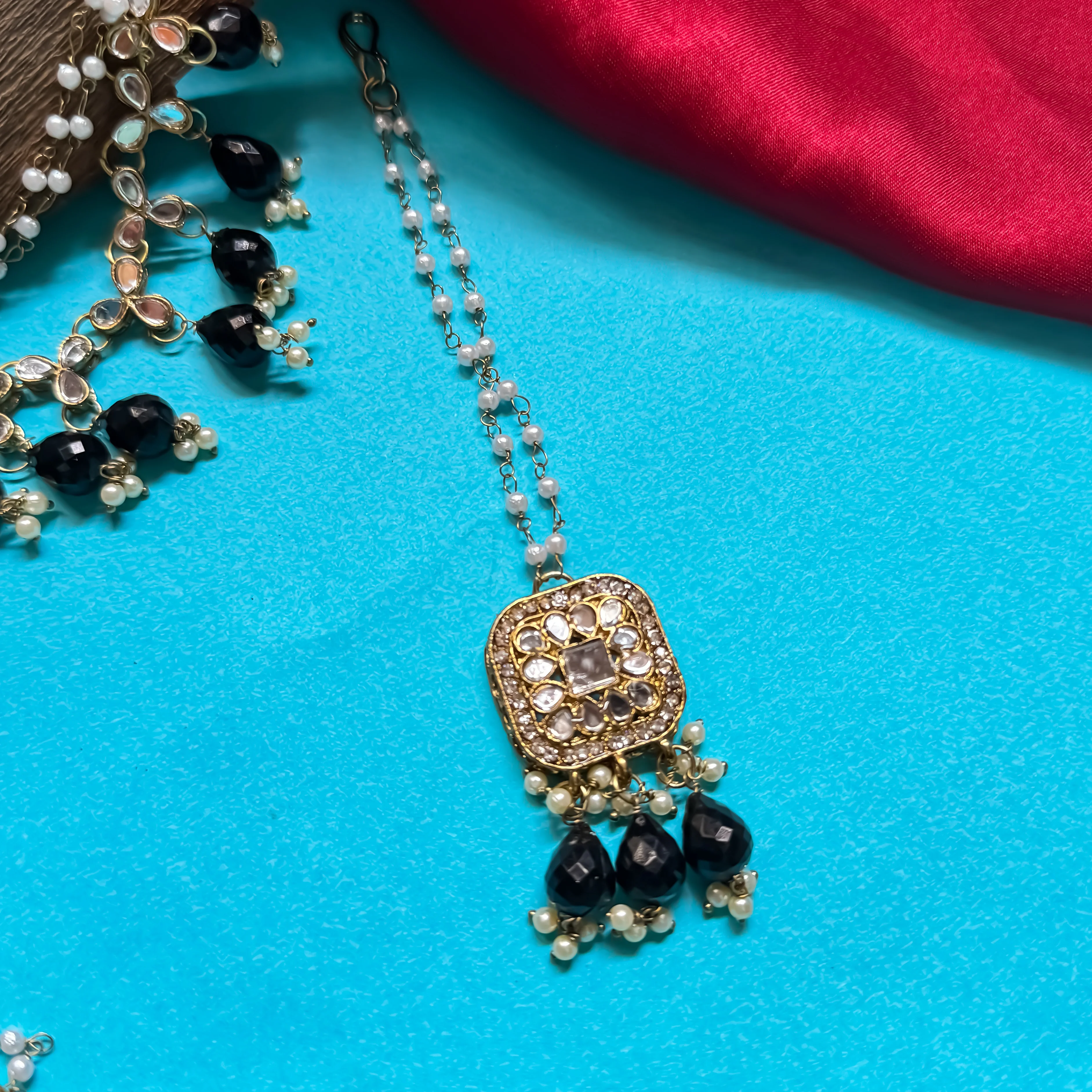 Mohika Mirror Jhumka Earrings with Sahara & Tika Set - Black - Image 3