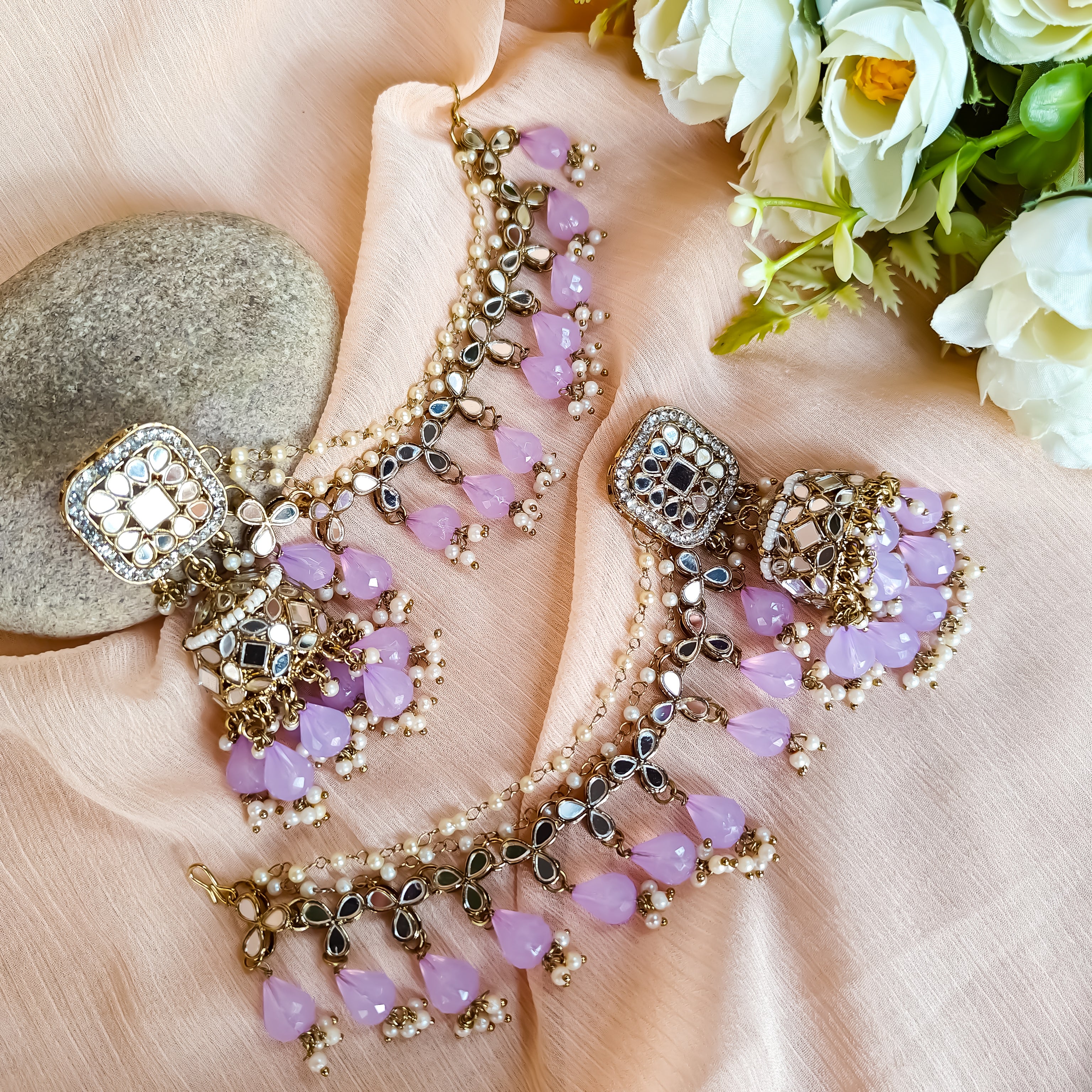 Mohika Mirror Jhumka Earrings with Sahara & Tika Set - Lavender - Image 4