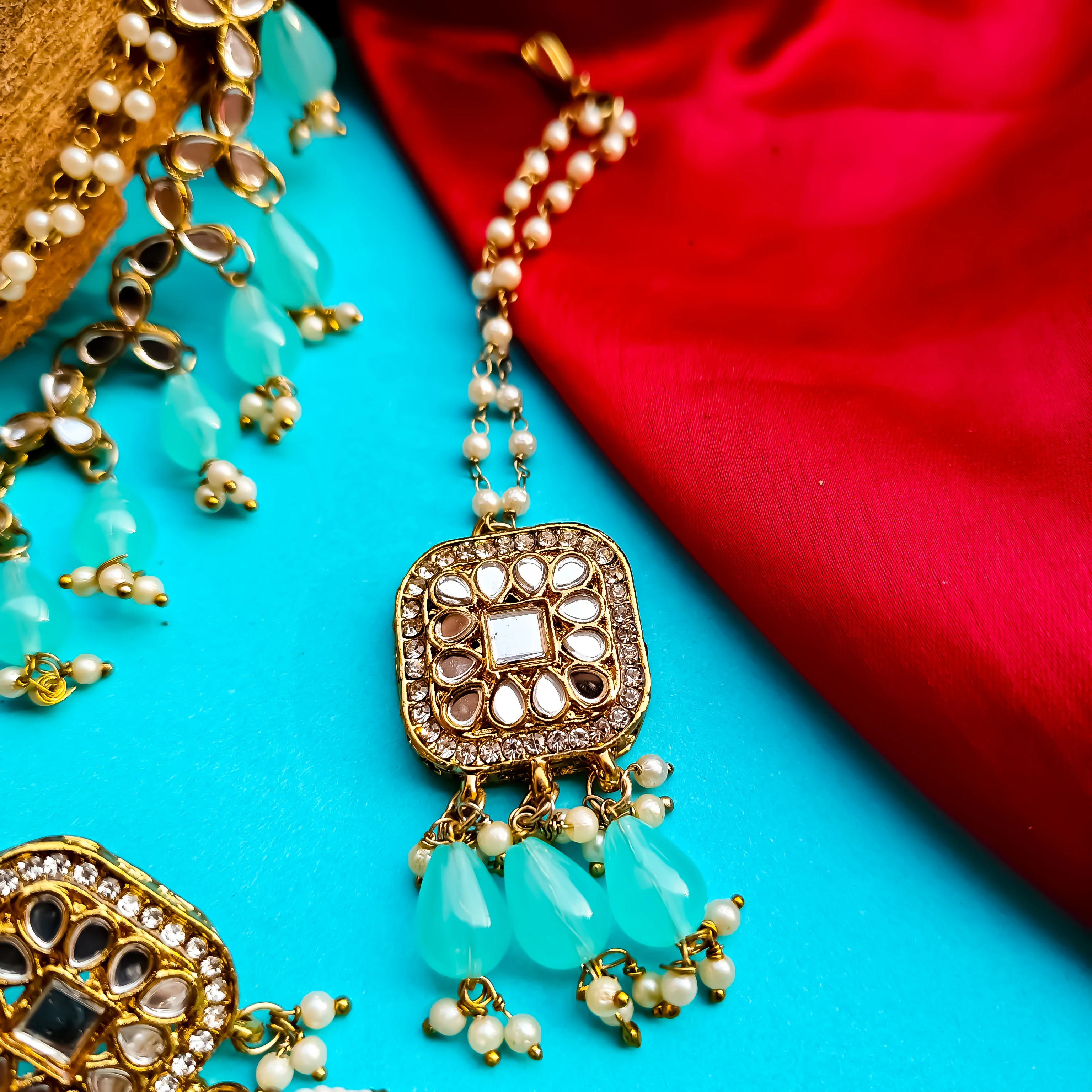 Mohika Mirror Jhumka Earrings with Sahara & Tika Set - Sky Blue - Image 3