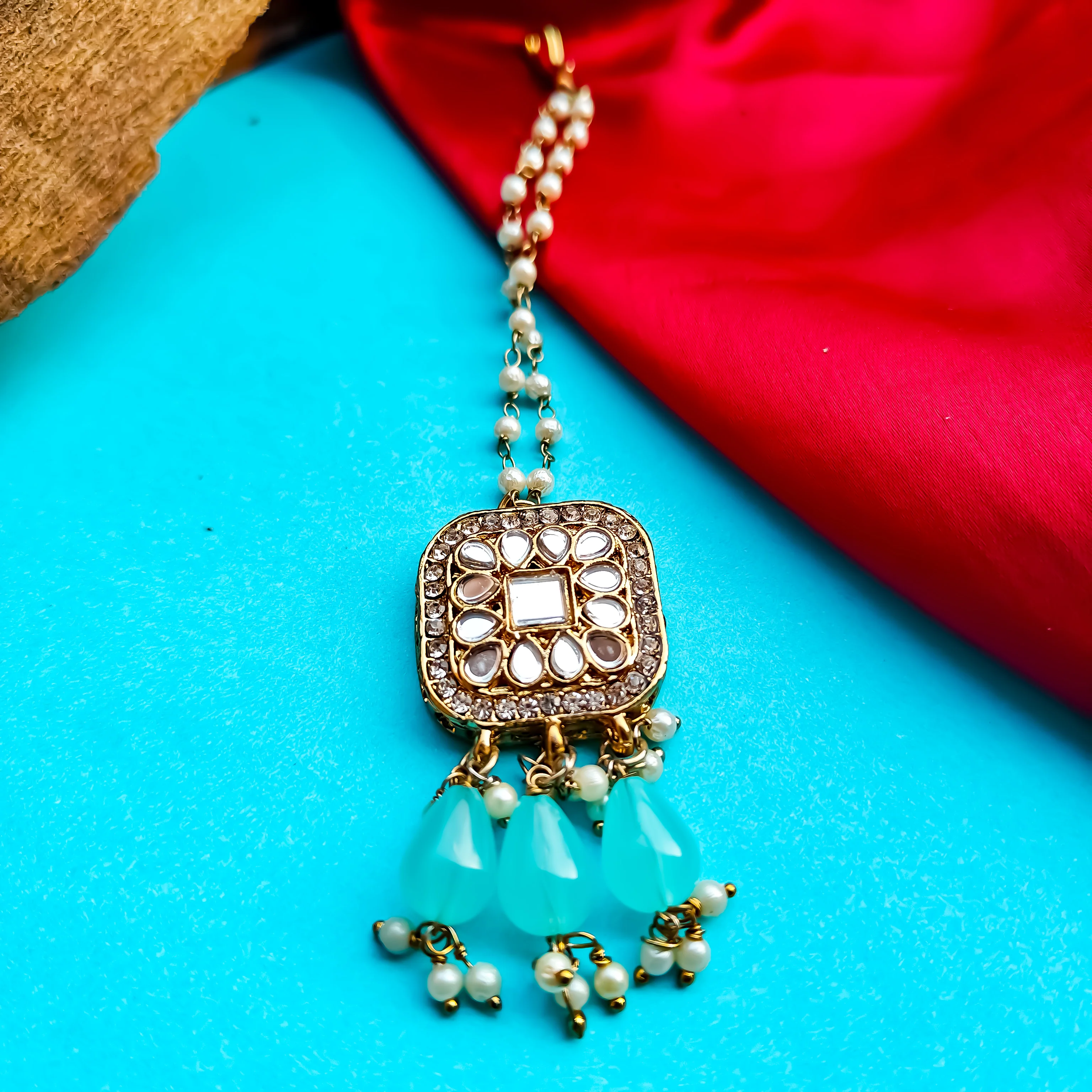 Mohika Mirror Jhumka Earrings with Sahara & Tika Set - Sky Blue - Image 4