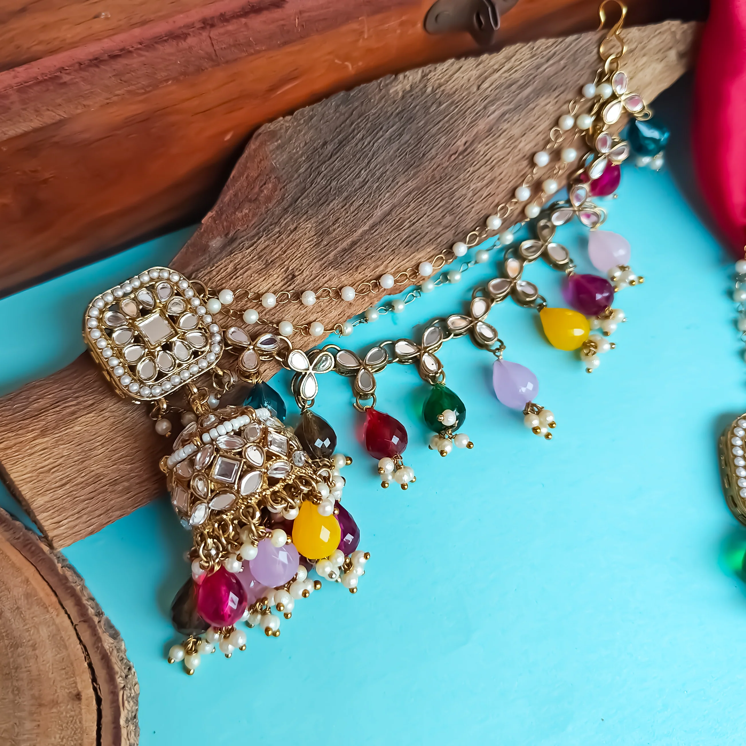 Mohika Mirror Jhumka Earrings with Sahara & Tika Set - Multi - Image 3