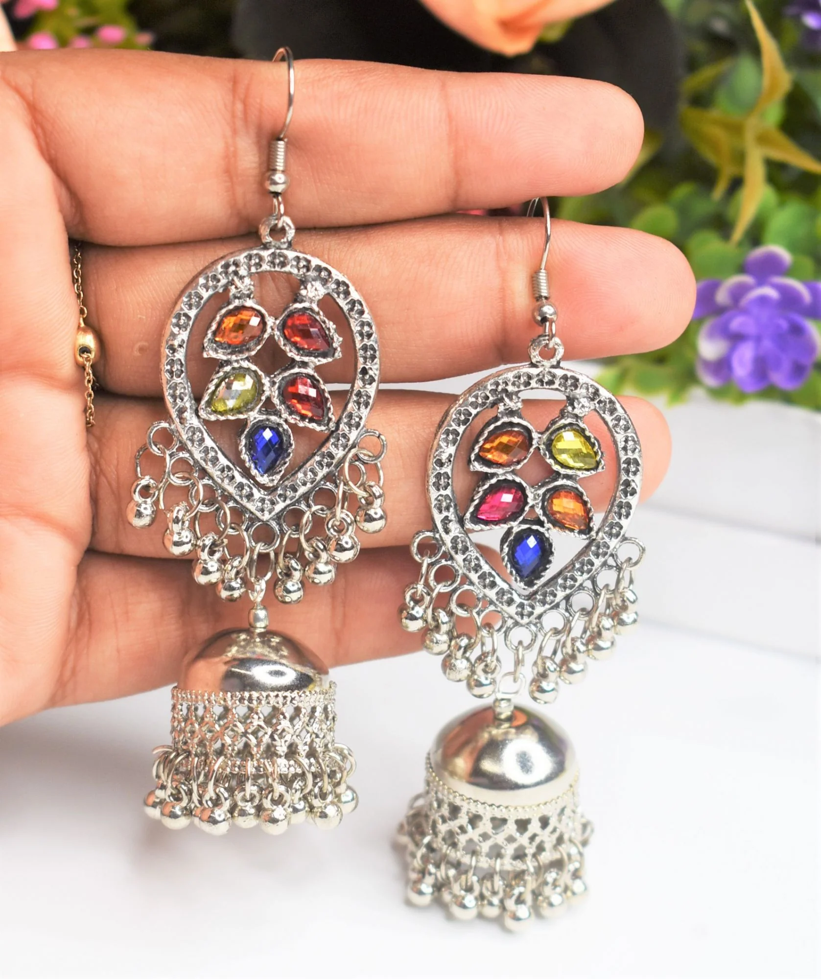 Silver Oxidised Hanging Jhumka Earrings - Image 3