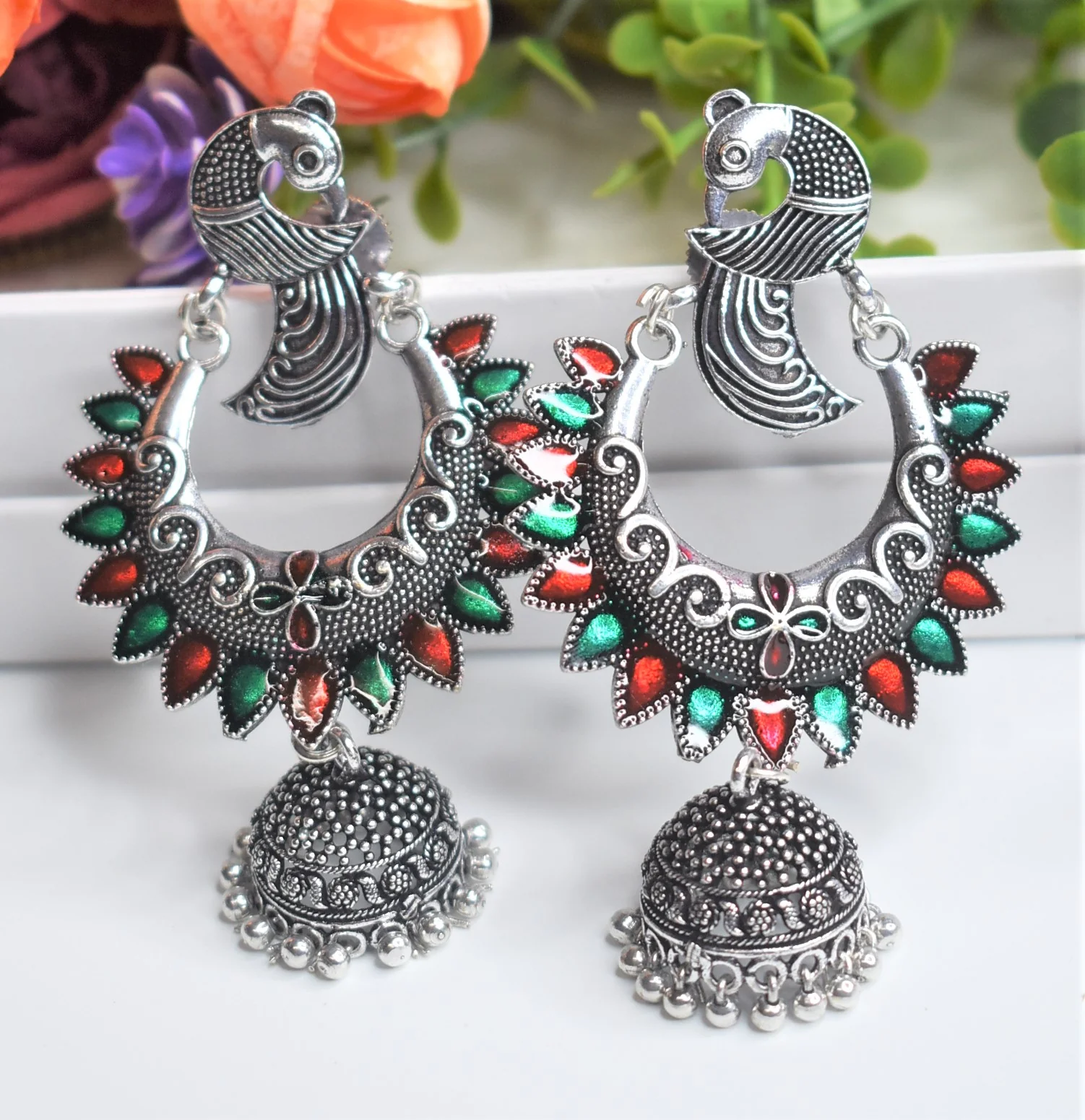 Multi Stone Studded Jhumka Earrings - Image 3
