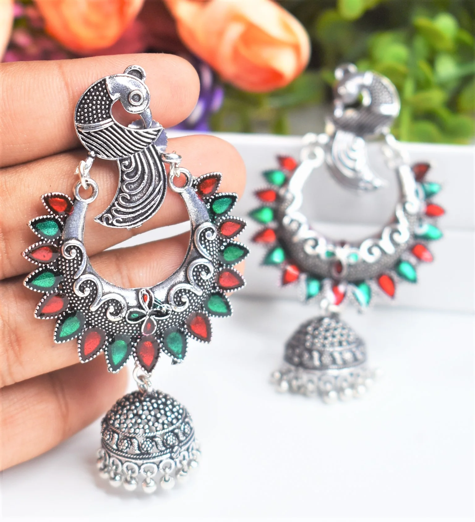 Multi Stone Studded Jhumka Earrings - Image 4