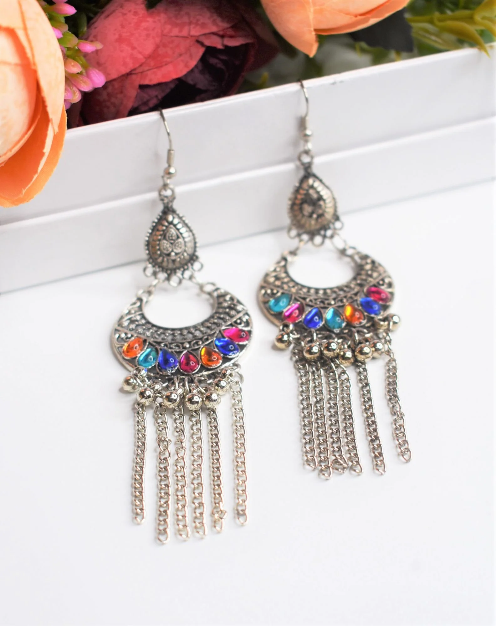 Meena Silver Oxidised Chandbali Earrings - Image 3