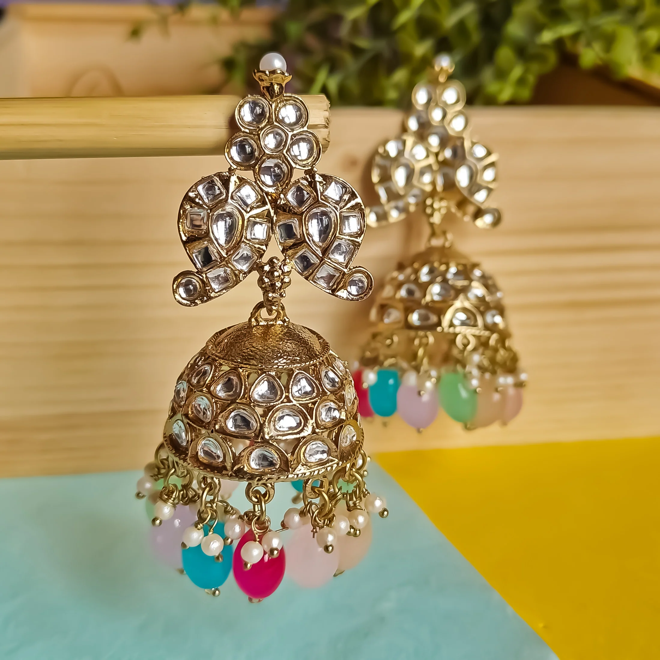 Naaz Dabi Kundan Jhumka Earring - Multi - Image 4