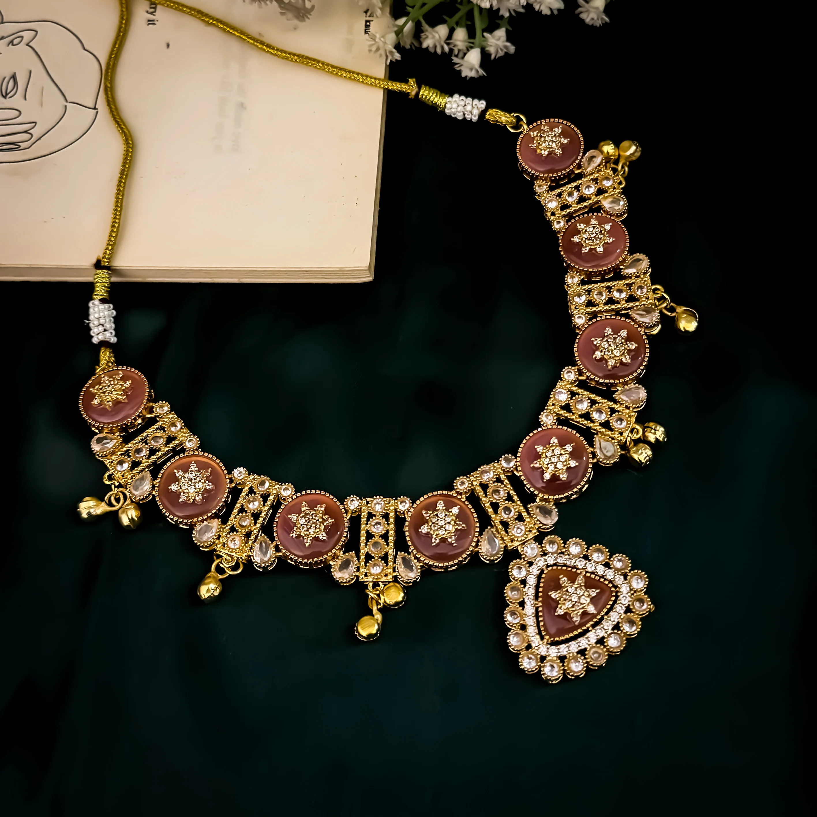 Naina Kashmiri Brass Ghungroo Necklace Set - Pastel Pink - Image 4