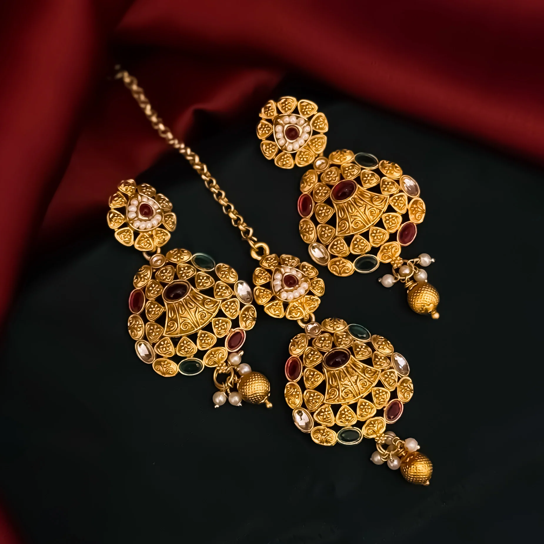 Nehal Rajwadi Matte Polish Sleek Necklace Set - Pink & Green - Image 2