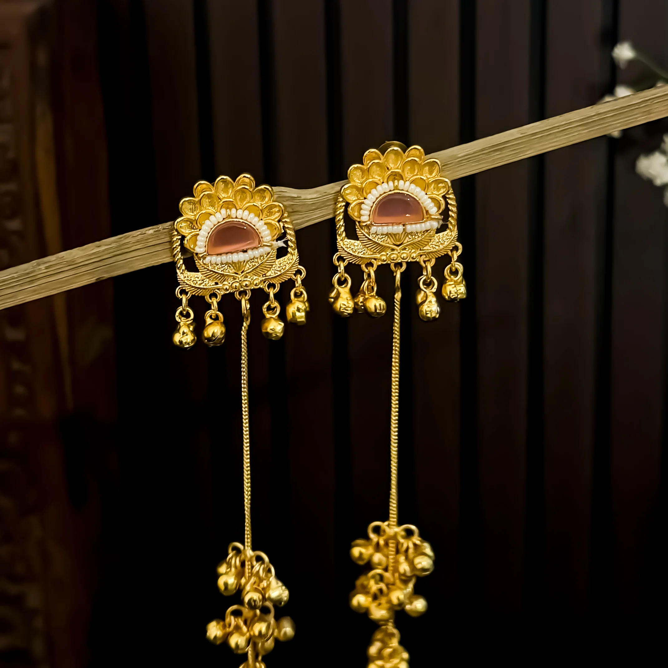 Nishita Premium Kashmiri Brass Ghungroo Dejhoor Earrings - Pastel Pink - Image 2