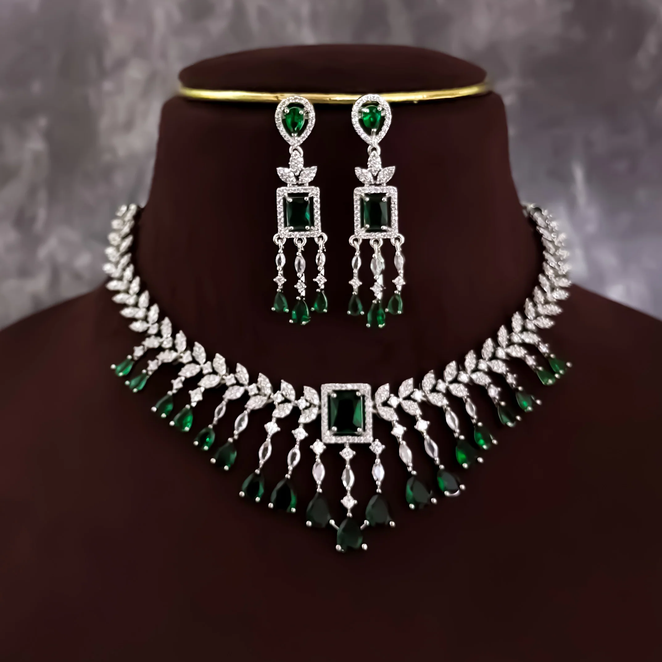 Nitara Silver AD Necklace Set - Green - Image 2