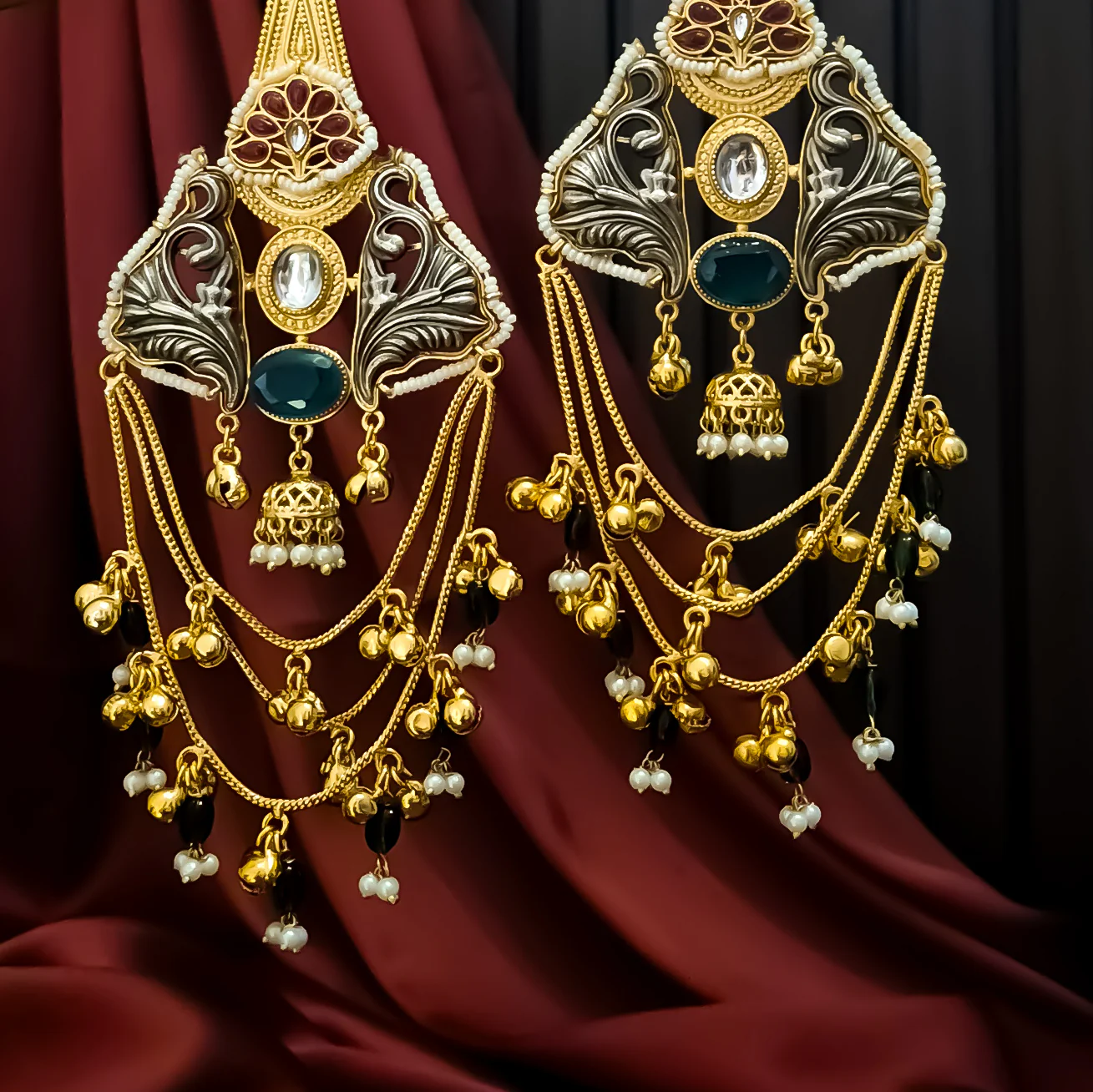 Nitika Kashmiri Brass Ghungroo Chandbali Earrings - Pink & Green - Image 2