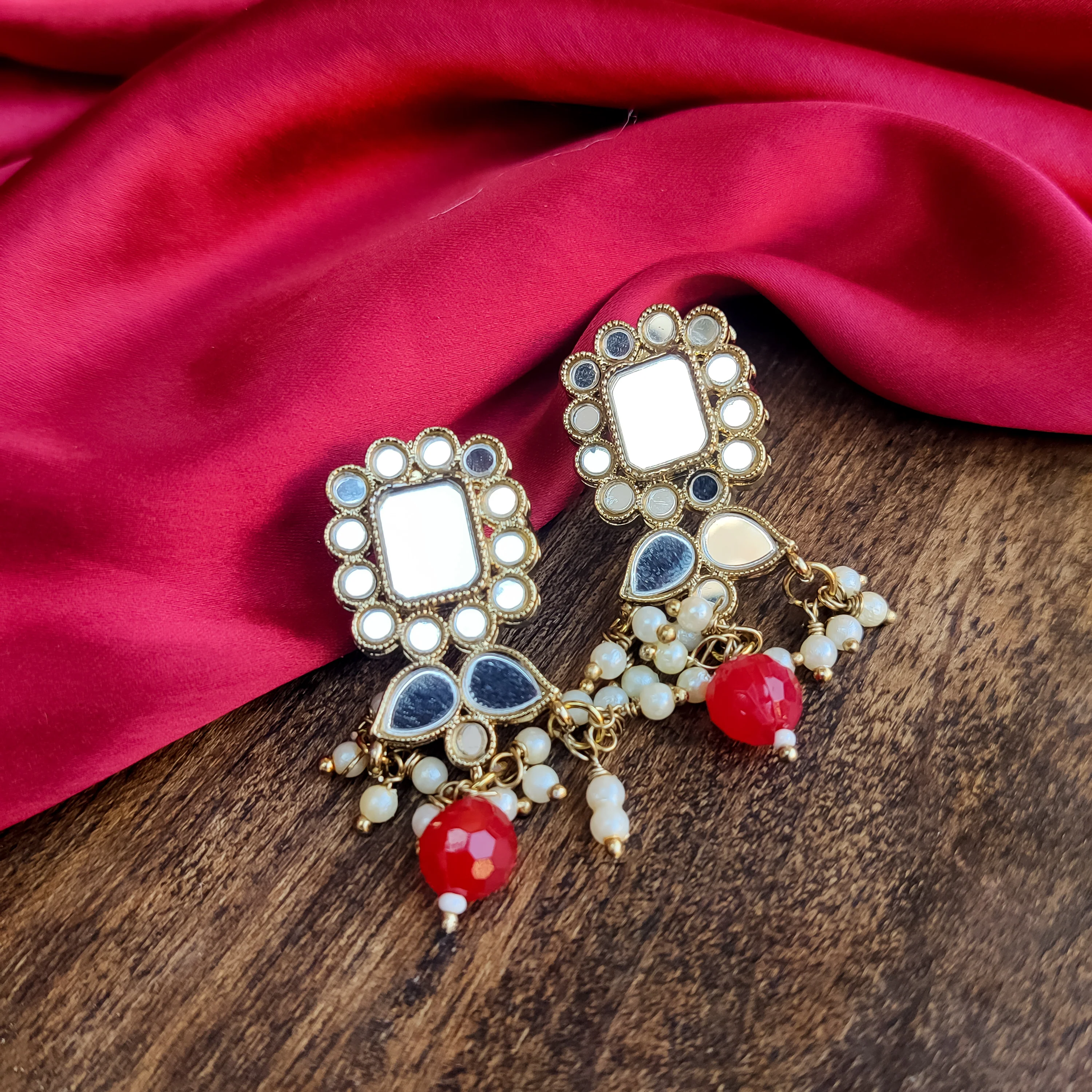 Nitika Miirror Necklace Set with Earrings - Red - Image 3