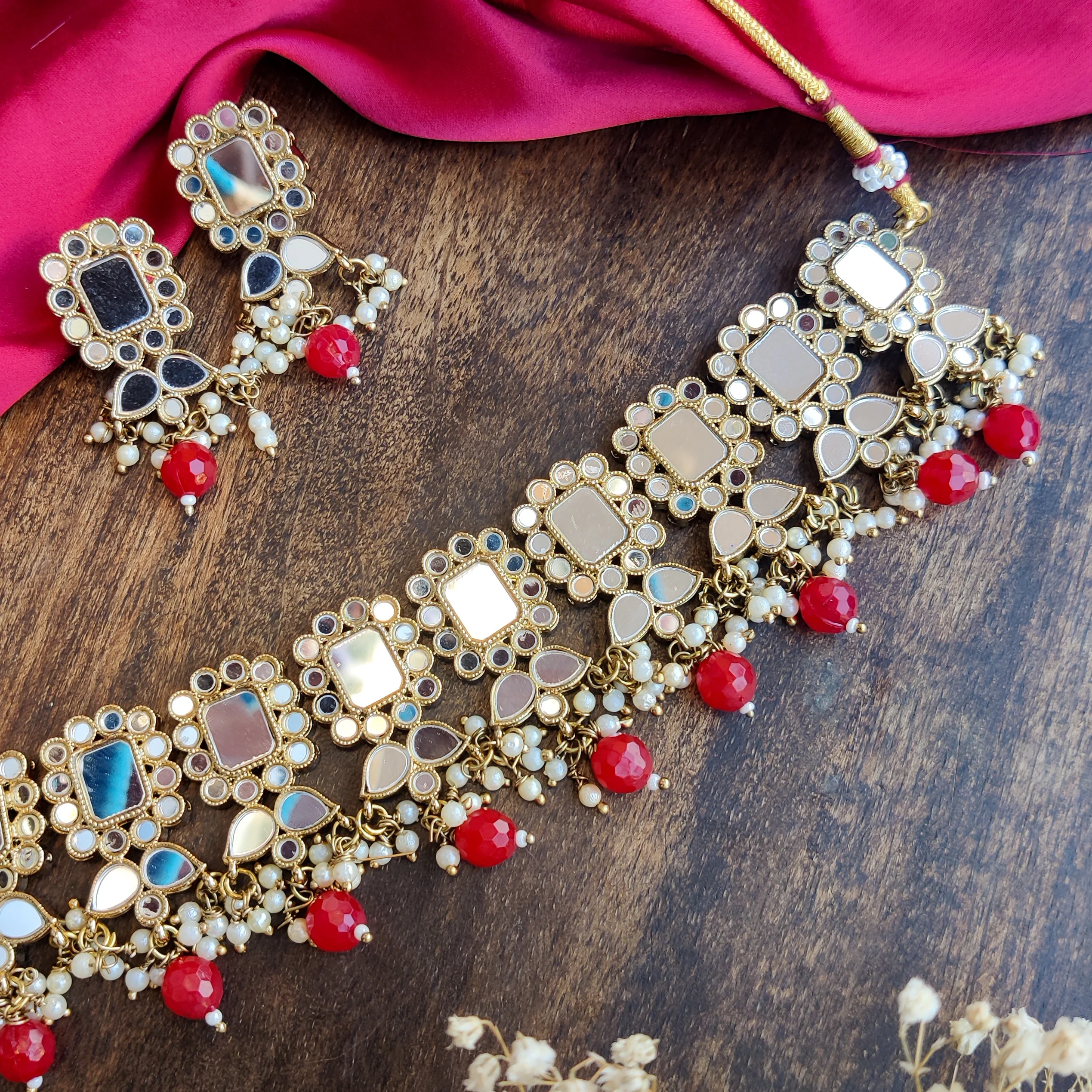 Nitika Miirror Necklace Set with Earrings - Red - Image 4