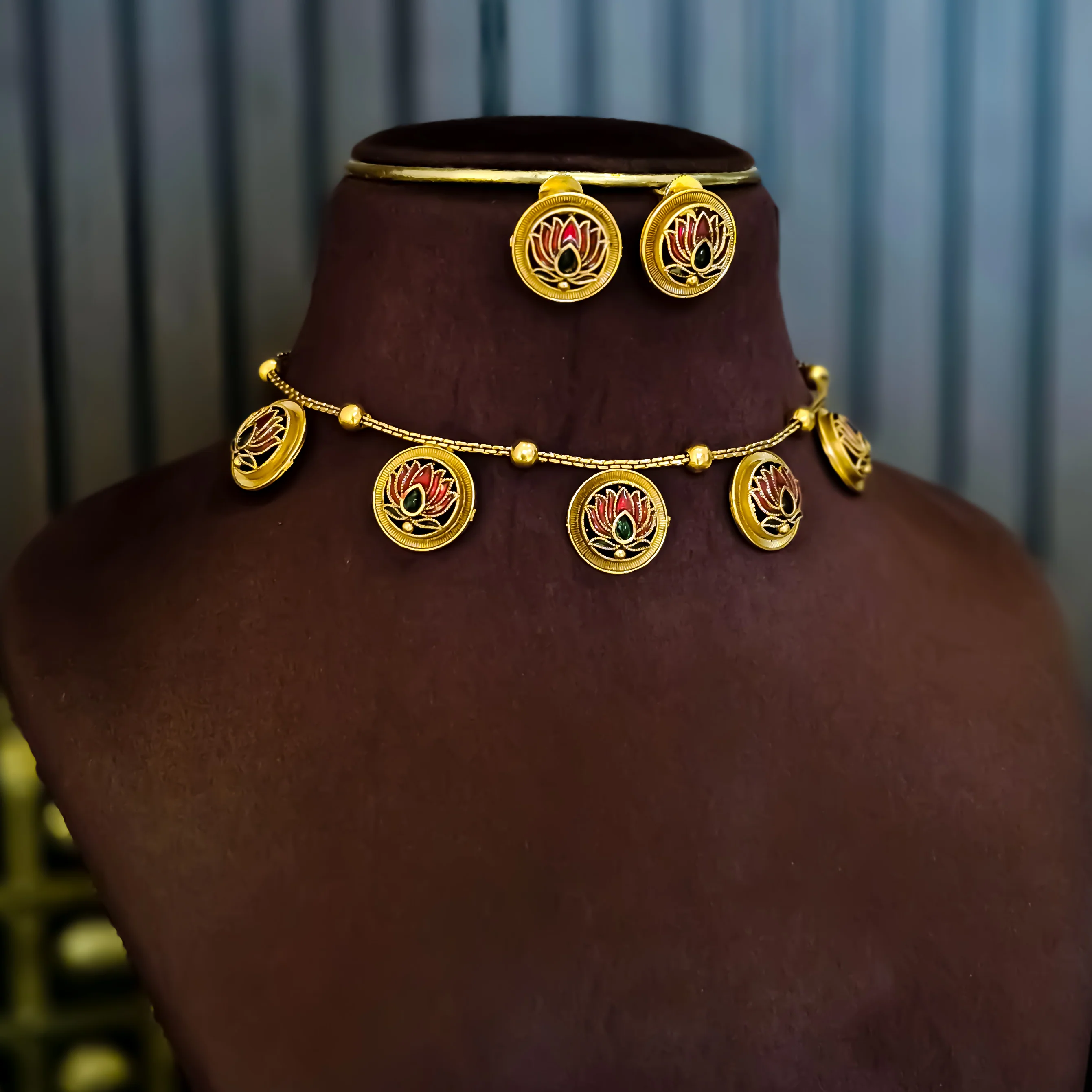 Padma Lotus Temple Motif Necklace Set - Maroon & Green - Image 4