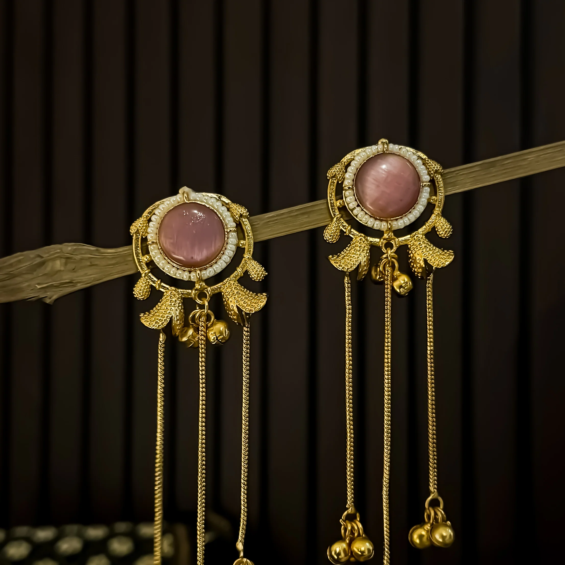 Parineeti Kashmiri Brass Ghungroo Jhumka Earrings - Pastel Pink - Image 2