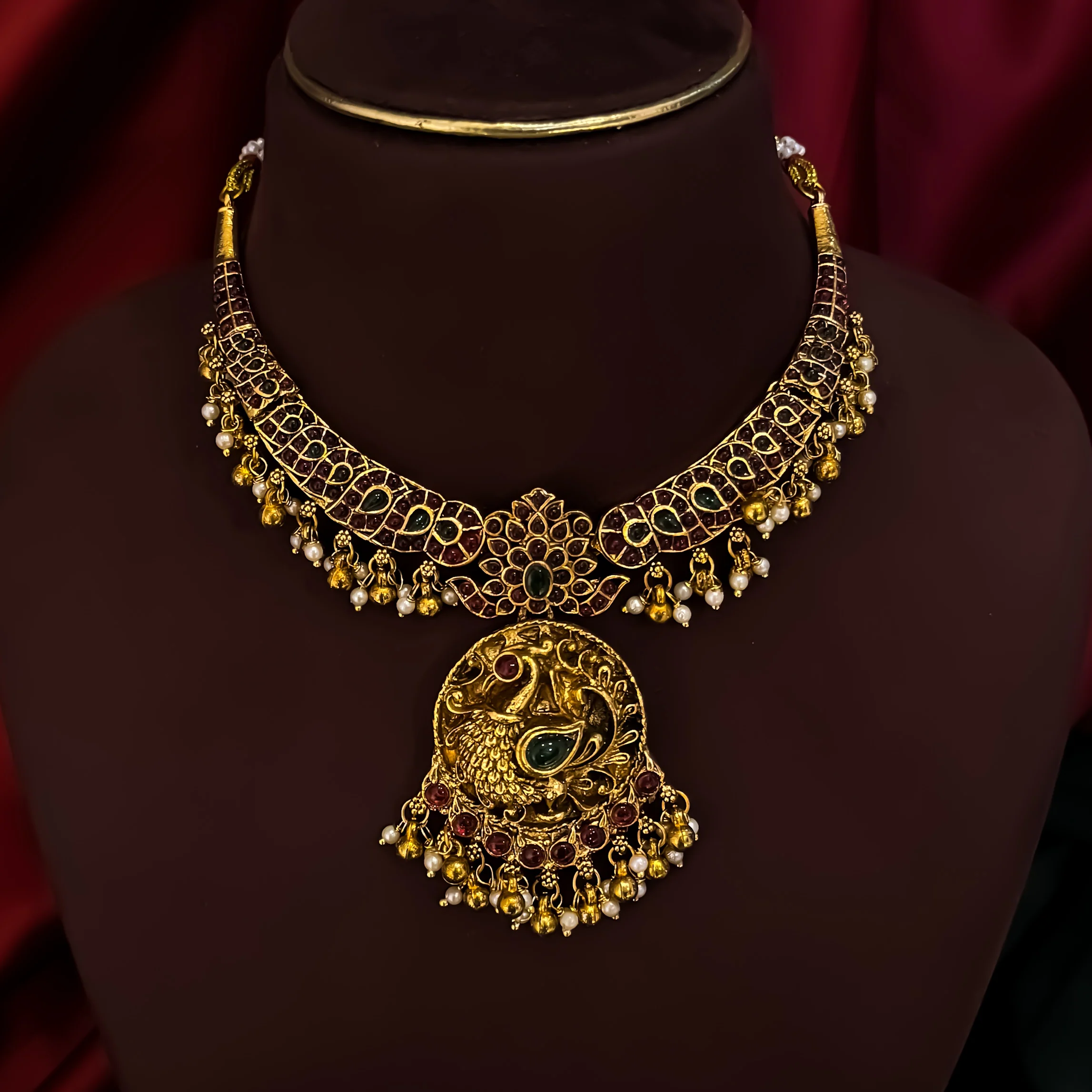Parnika Peacock Temple Hasli Necklace Set - Golden - Image 3