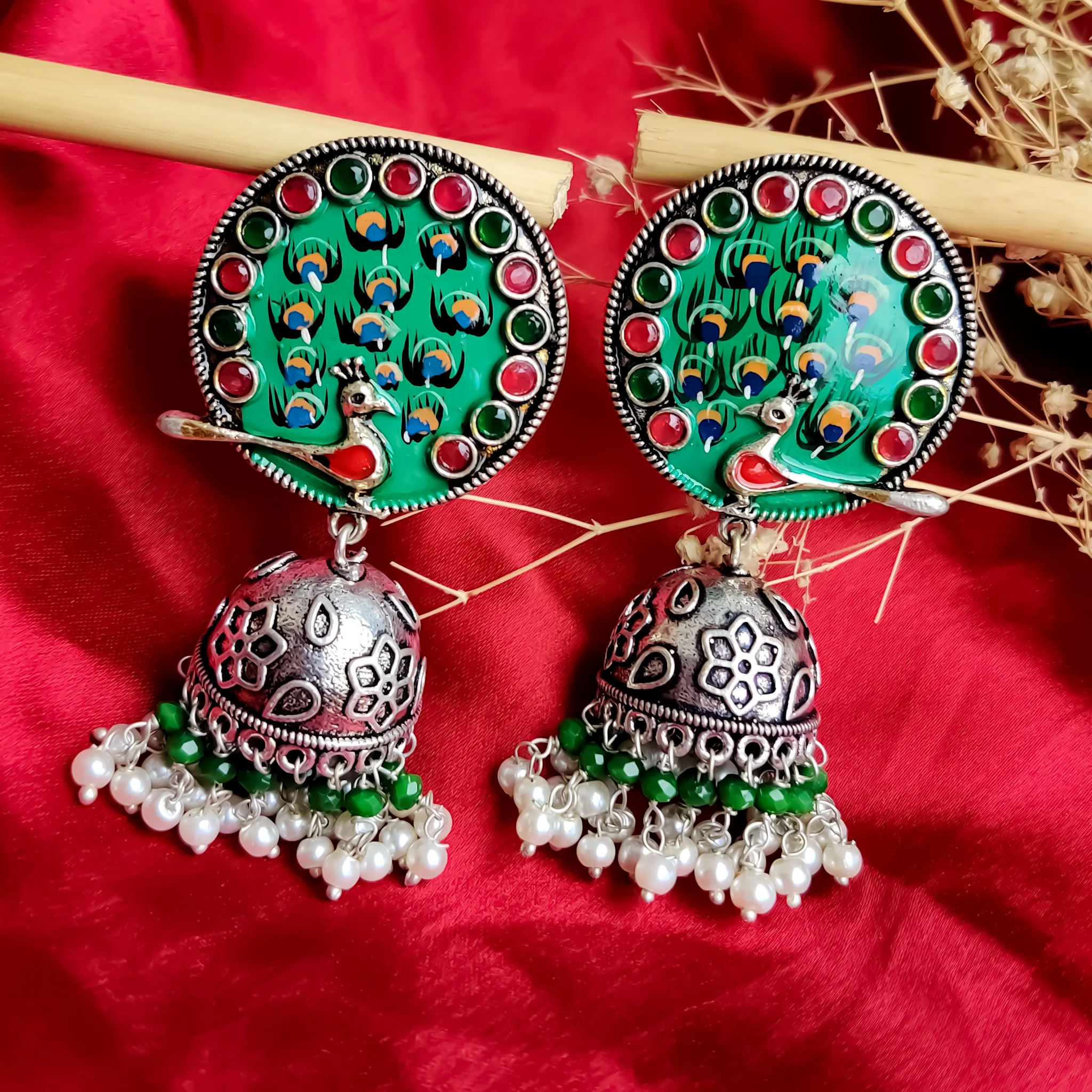 Peacock Zircon Hand-Painted SLA Jhumka Earrings - Green & White - Image 3