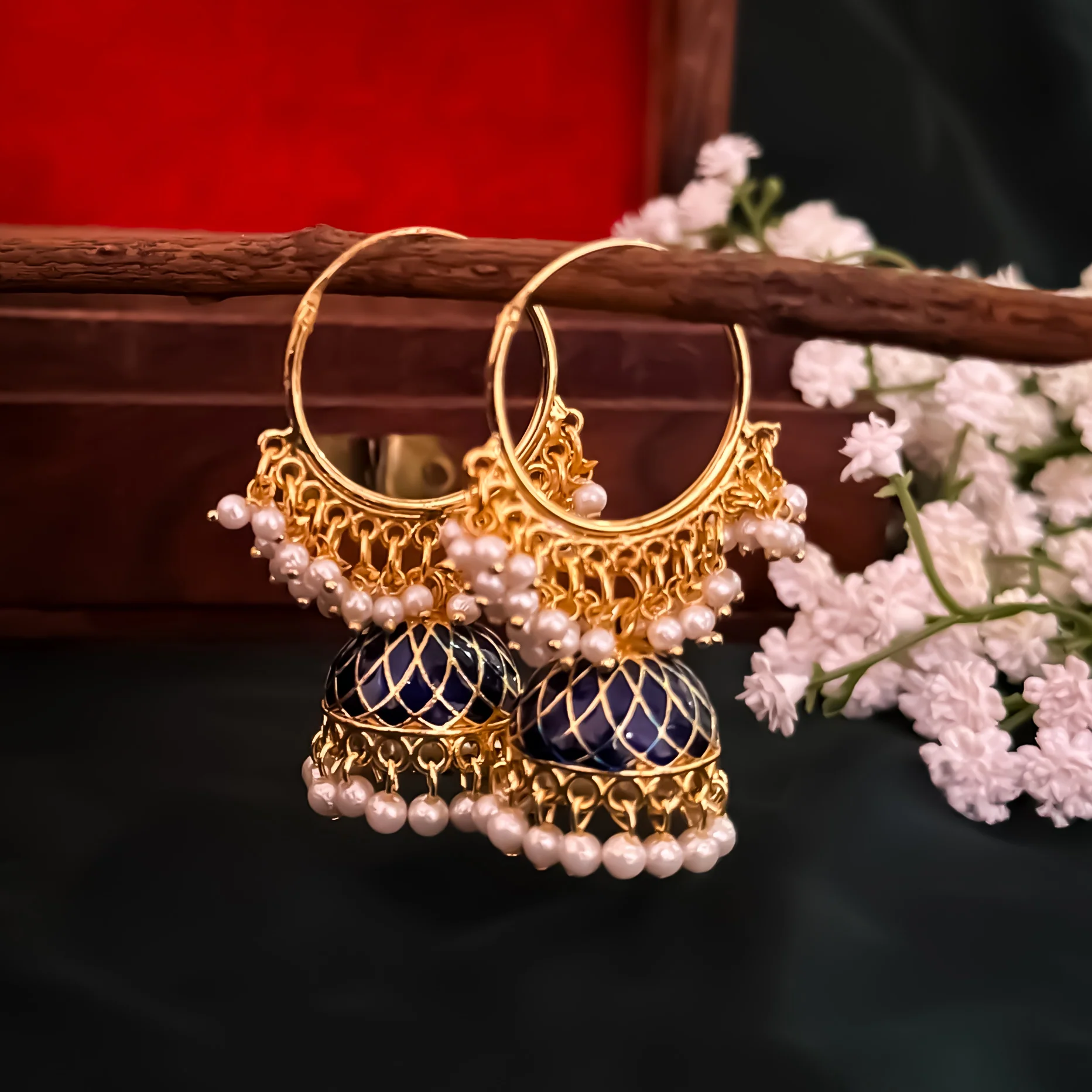 Pihu Pearl Bali Jhumka Earrings - Blue - Image 3