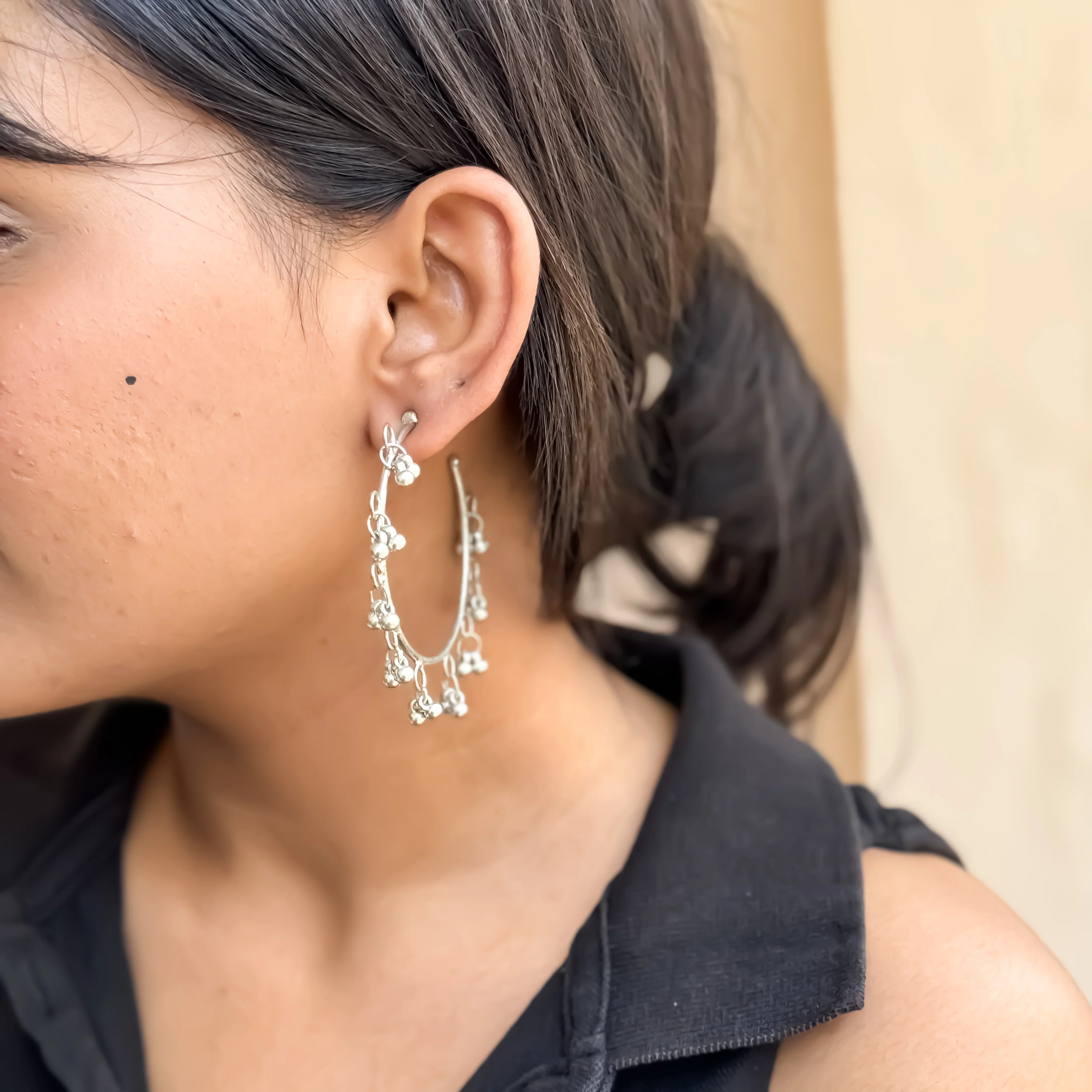 Ghunghroo Silver Oxidised Hoop Earring - Image 2