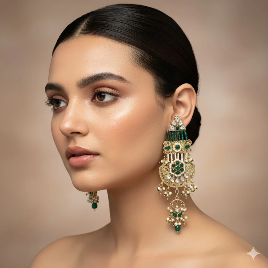 Raaj Rani Fusion Chandbali Earrings - Green - Image 3