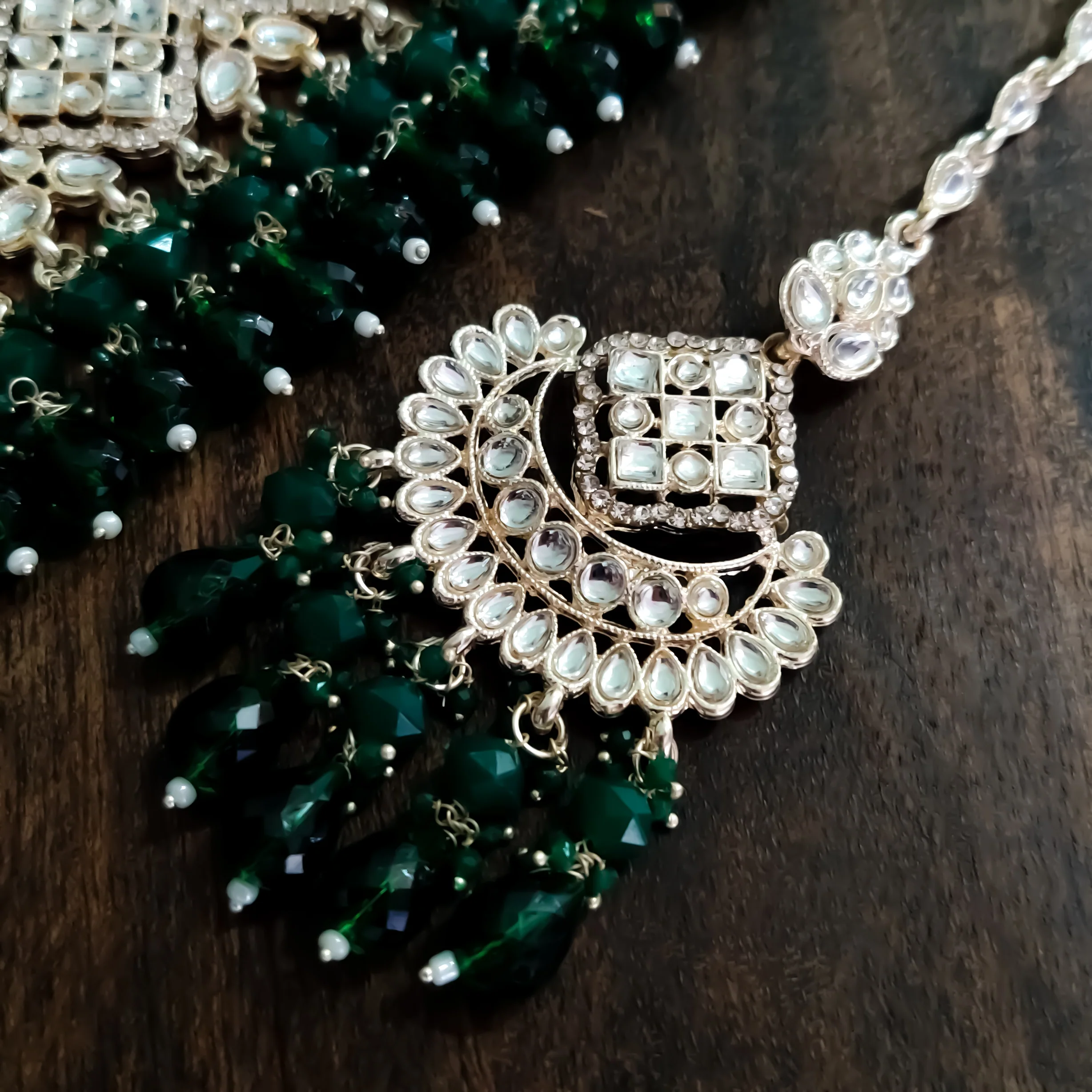 Raisha Kundan Necklace Set - Green - Image 3