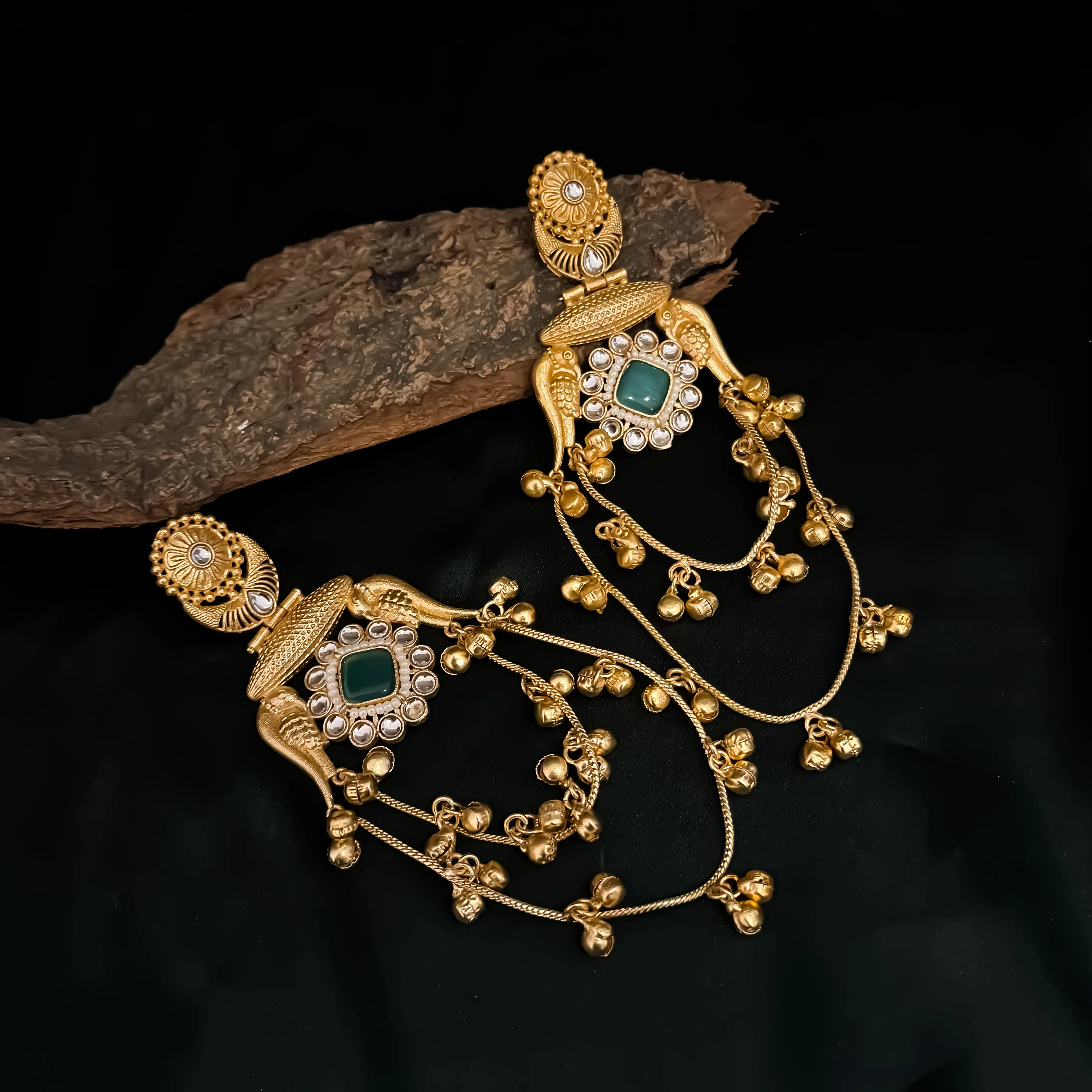 Rajitha Kashmiri Brass Ghungroo Chandbali Earrings - Pastel Green - Image 2