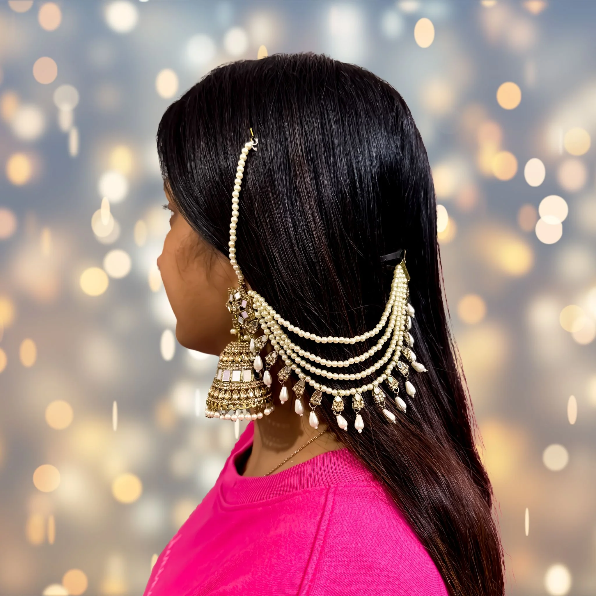 Rani Padmavat Jadau Jhumka Earrings with Sahara & Teeka - Golden - Image 4