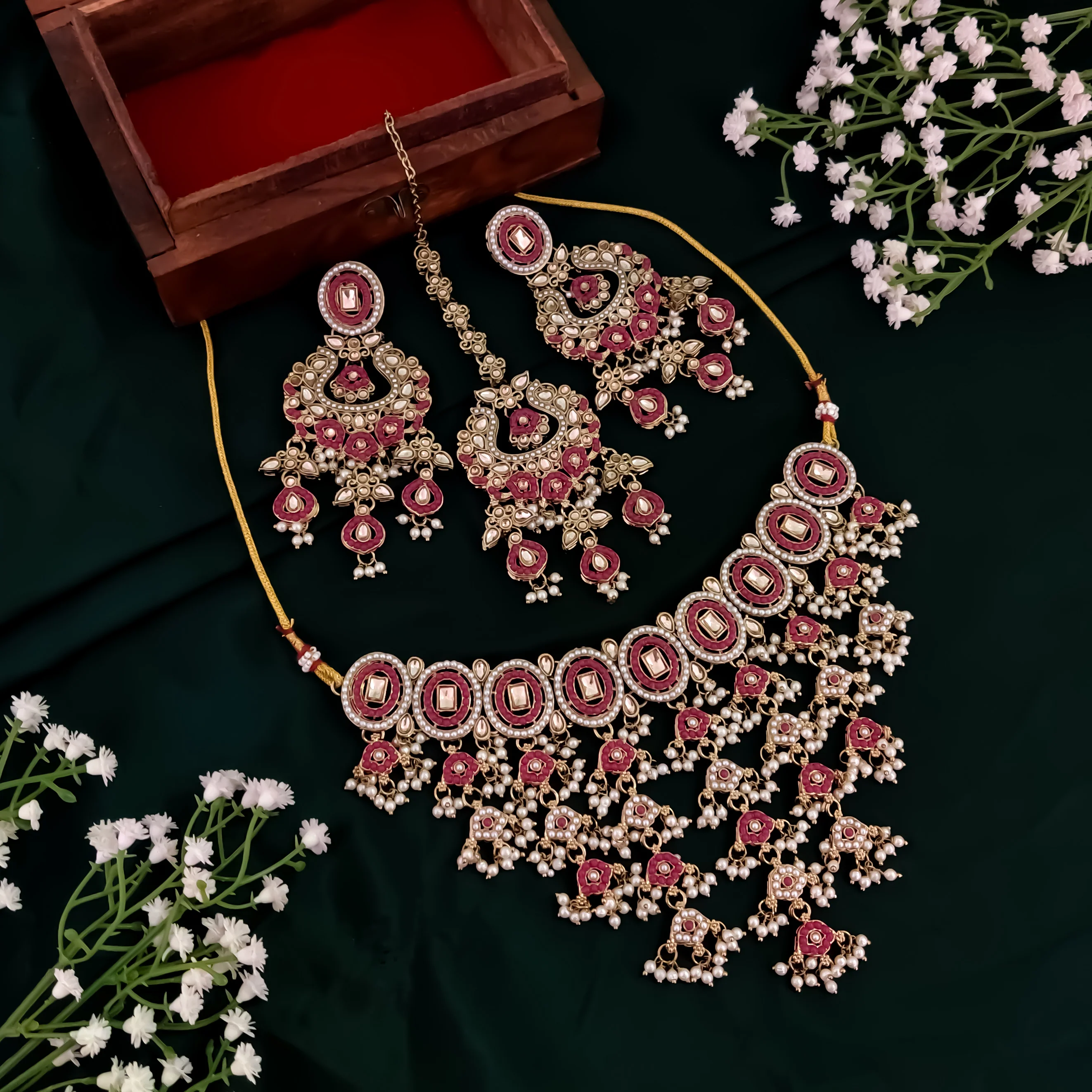 Rehan Jadau Reverse AD Necklace Set - Pink - Image 6