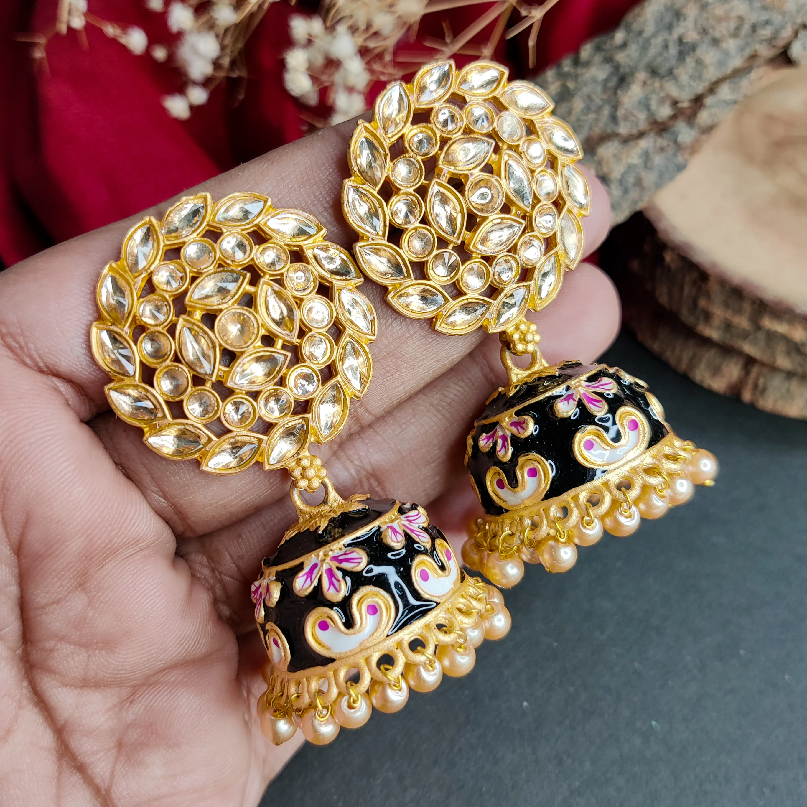 Reverse AD Meenakari Jhumka Earring - Black - Image 3