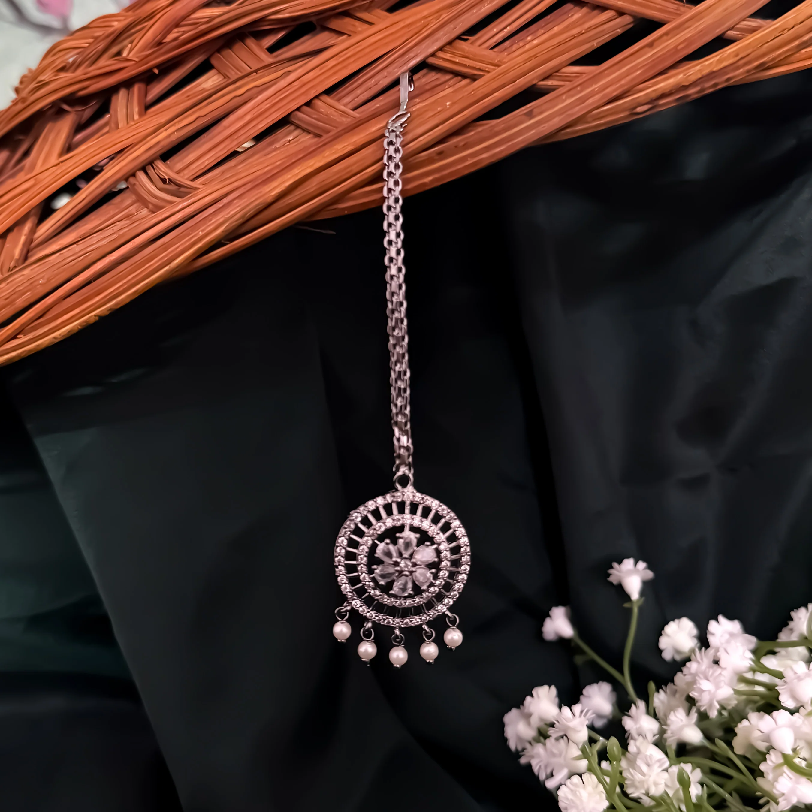 Riyana American Diamond Jhumka & Teeka Set - Black Polish - Image 4