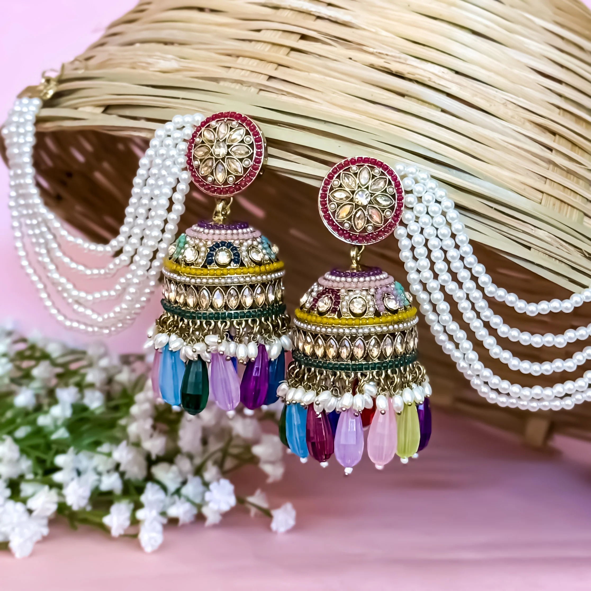 Rubina Jadau Reverse AD Jhumka Earrings with Earchain - Multi - Image 2