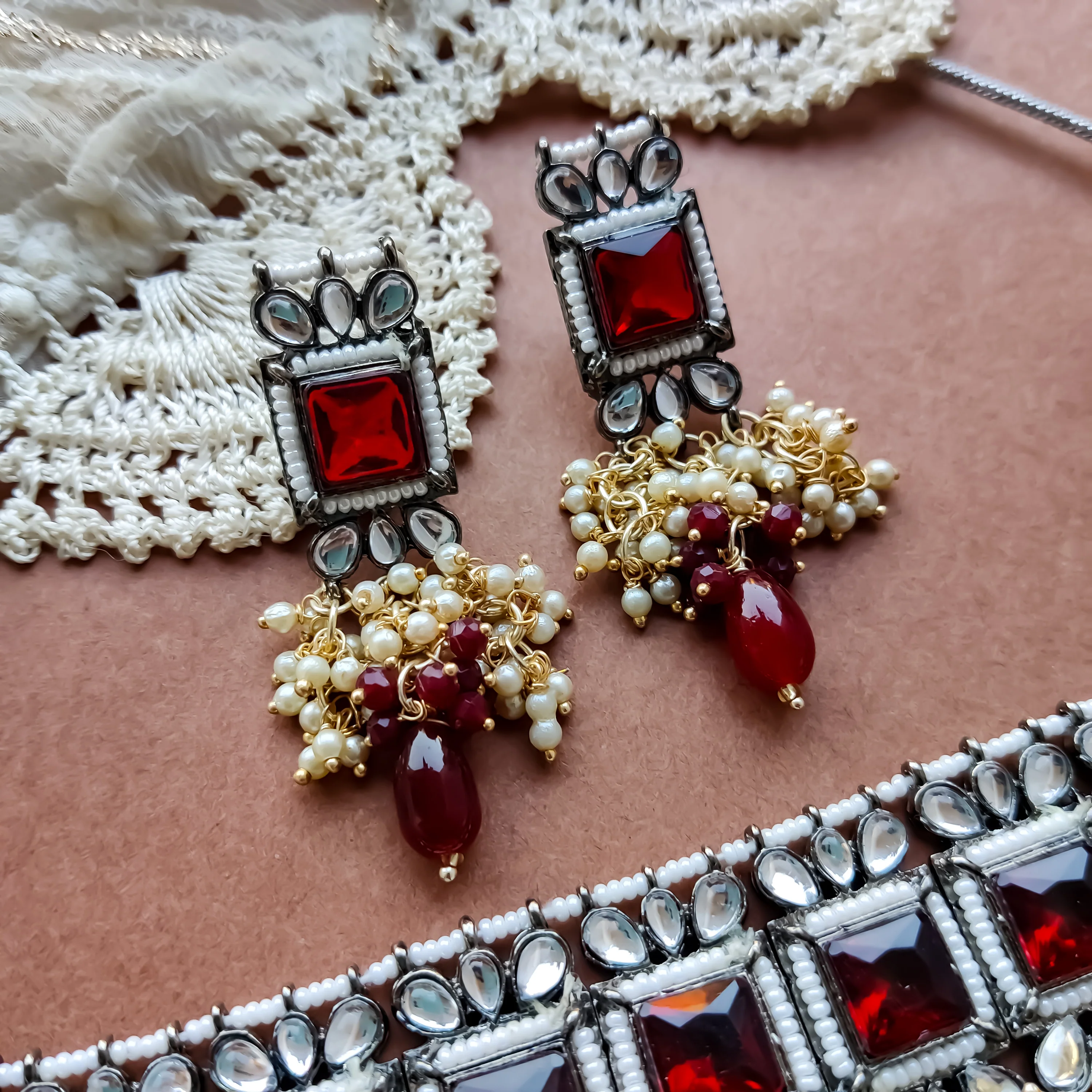 Ruksana Mogra Necklace Set with Earrings - Maroon - Image 3