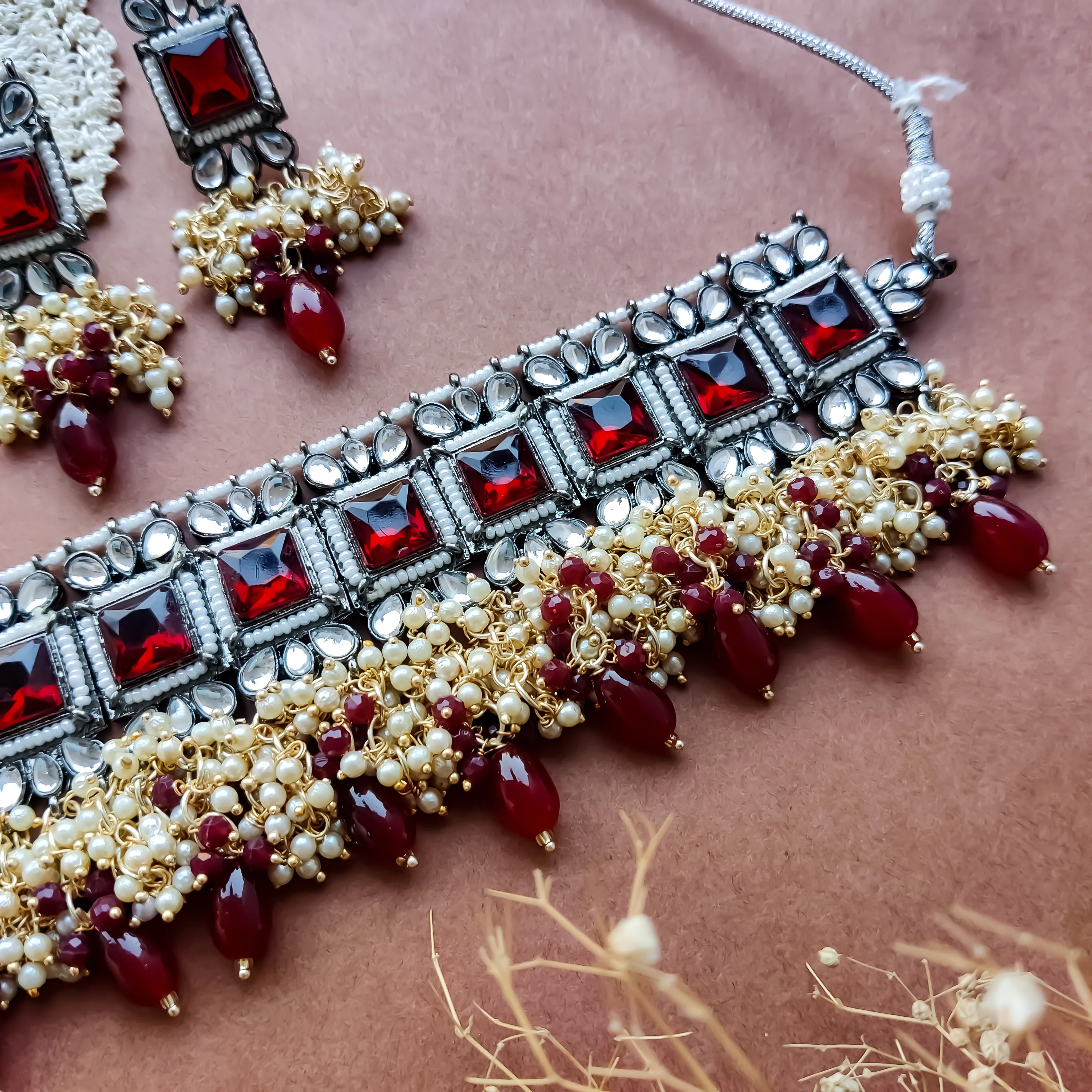 Ruksana Mogra Necklace Set with Earrings - Maroon - Image 4