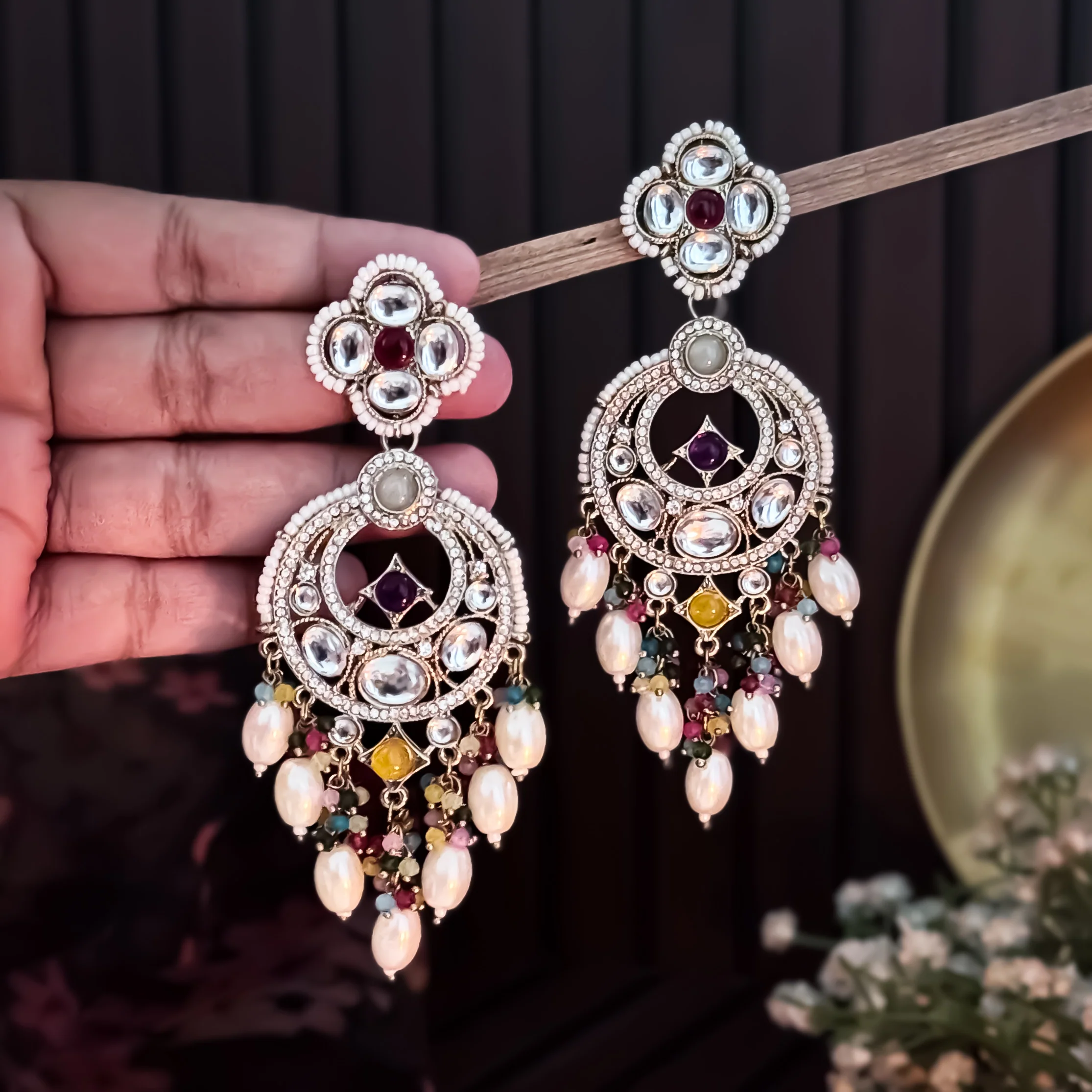 Rushali Kundan Pearl Chandbali Earrings - Multi - Image 2