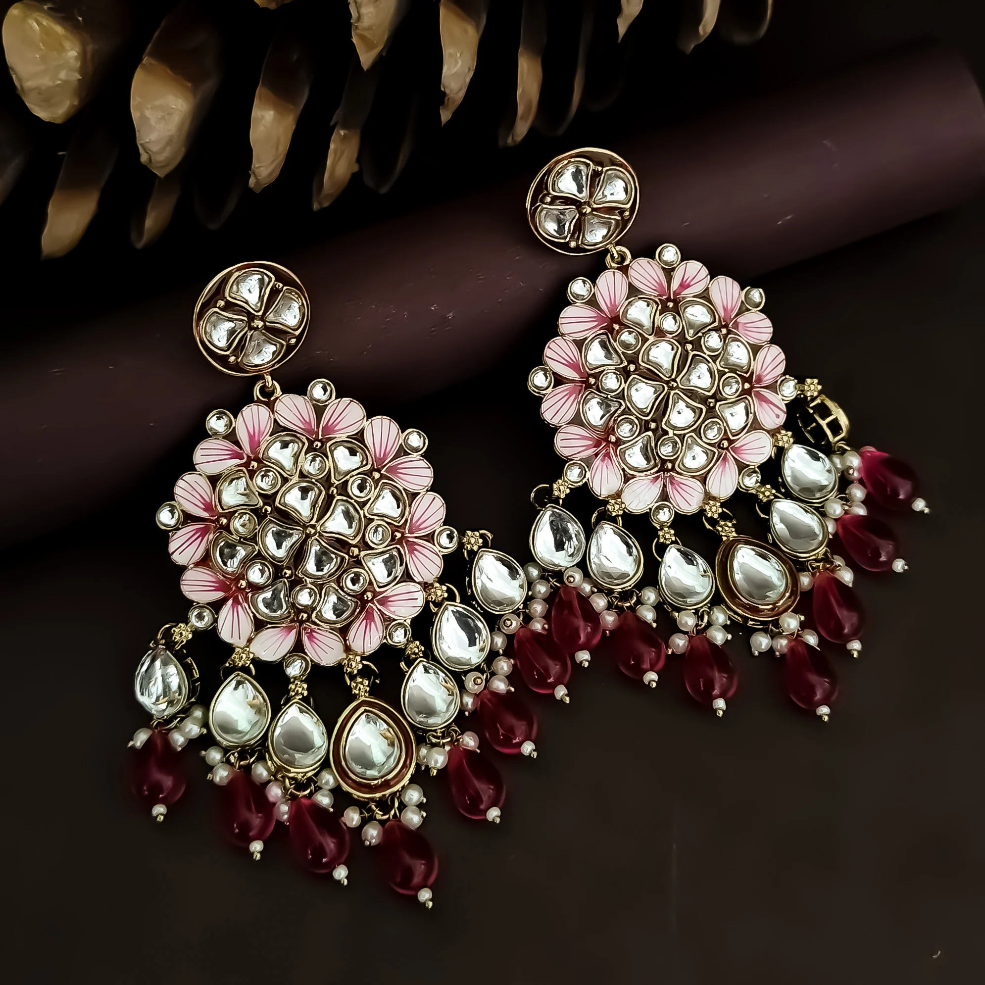 Saanjh Meenakari Chandbali Earrings - Hot Pink