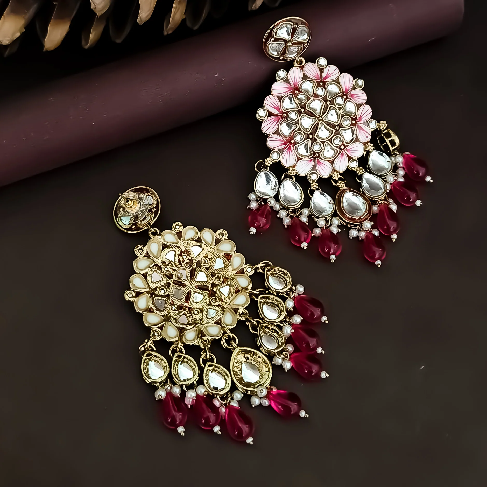 Saanjh Meenakari Chandbali Earrings - Hot Pink - Image 4