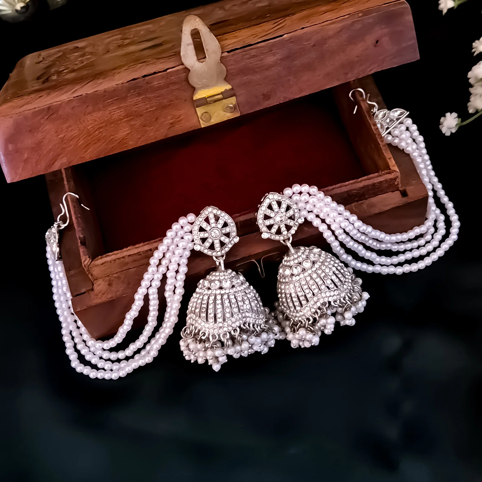 Sabrina Rhodium Reverse AD Jhumka Earrings with Earchain - Silver - Image 5