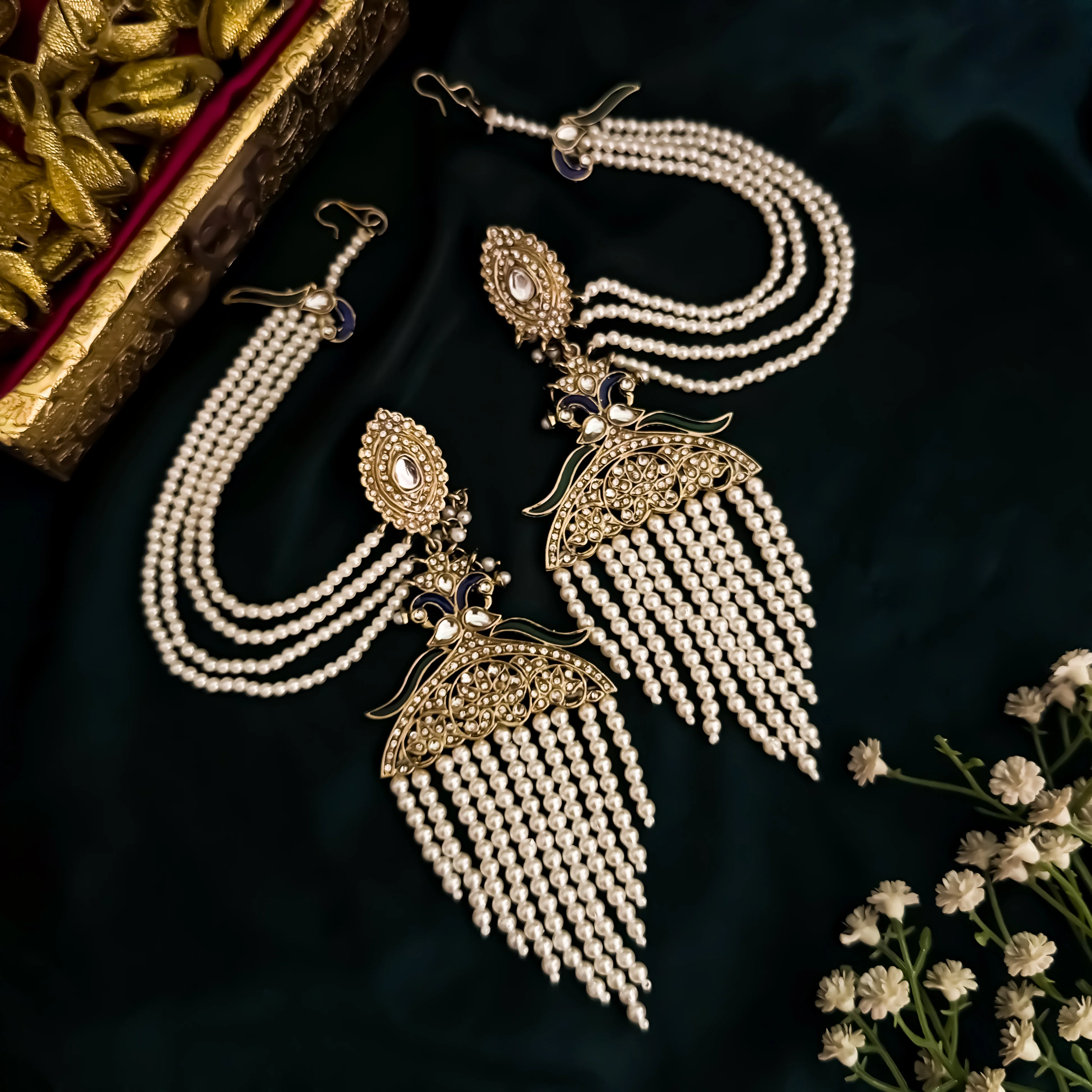 Saira Pearl Peacock Chandbali Earrings with Sahara/Earchains - Image 4