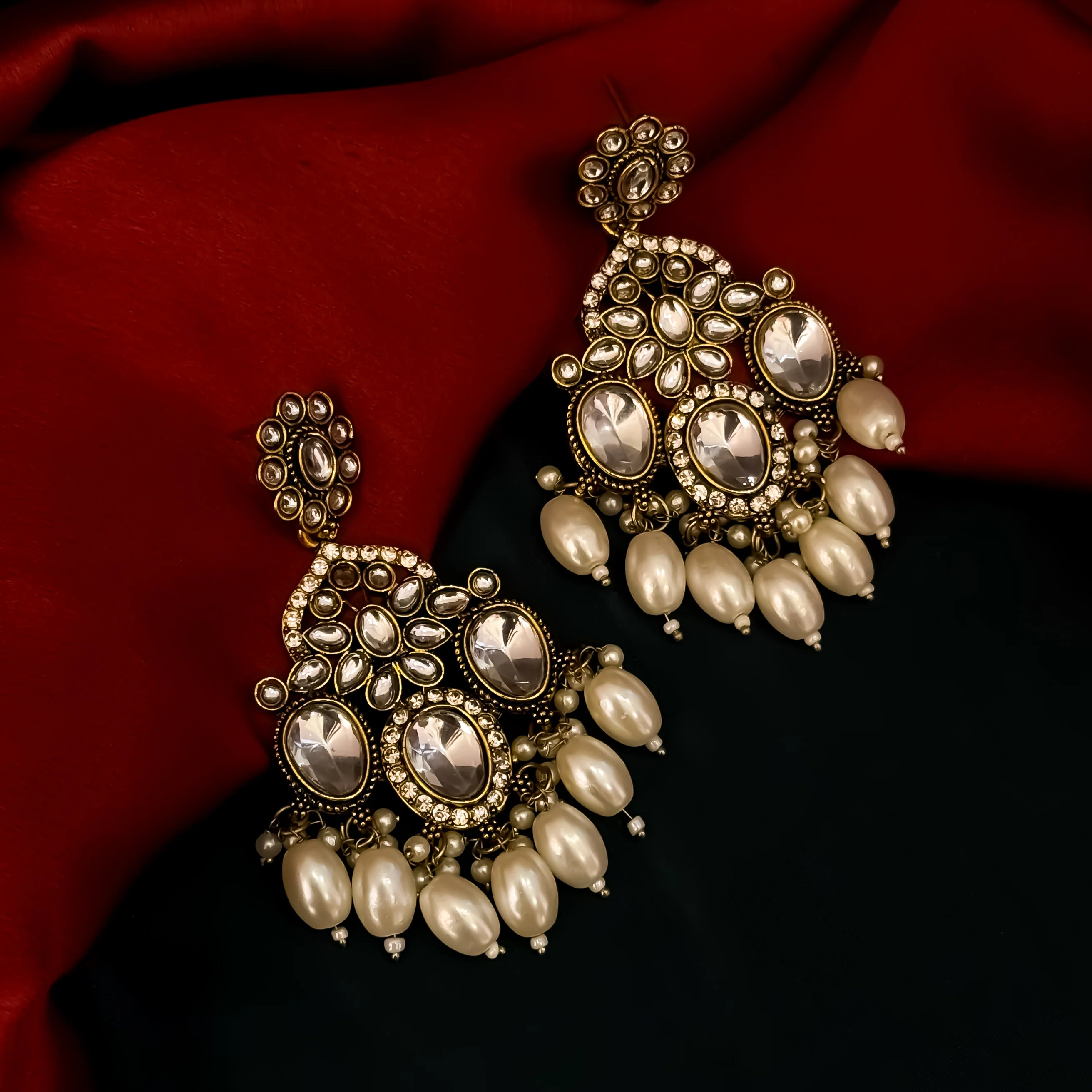 Sarans Pearl Chandbali Earrings - Golden - Image 2