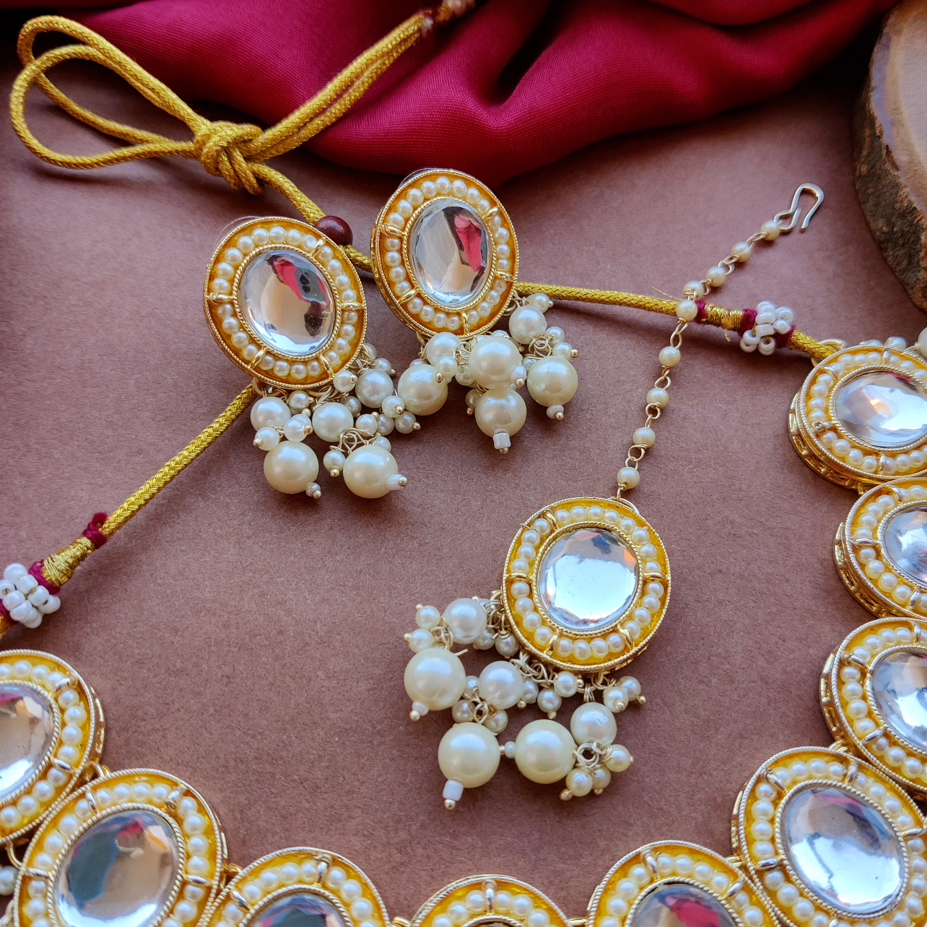 Saugaat Kundan Pearl Necklace Set with Earrings & Tika - Golden - Image 3