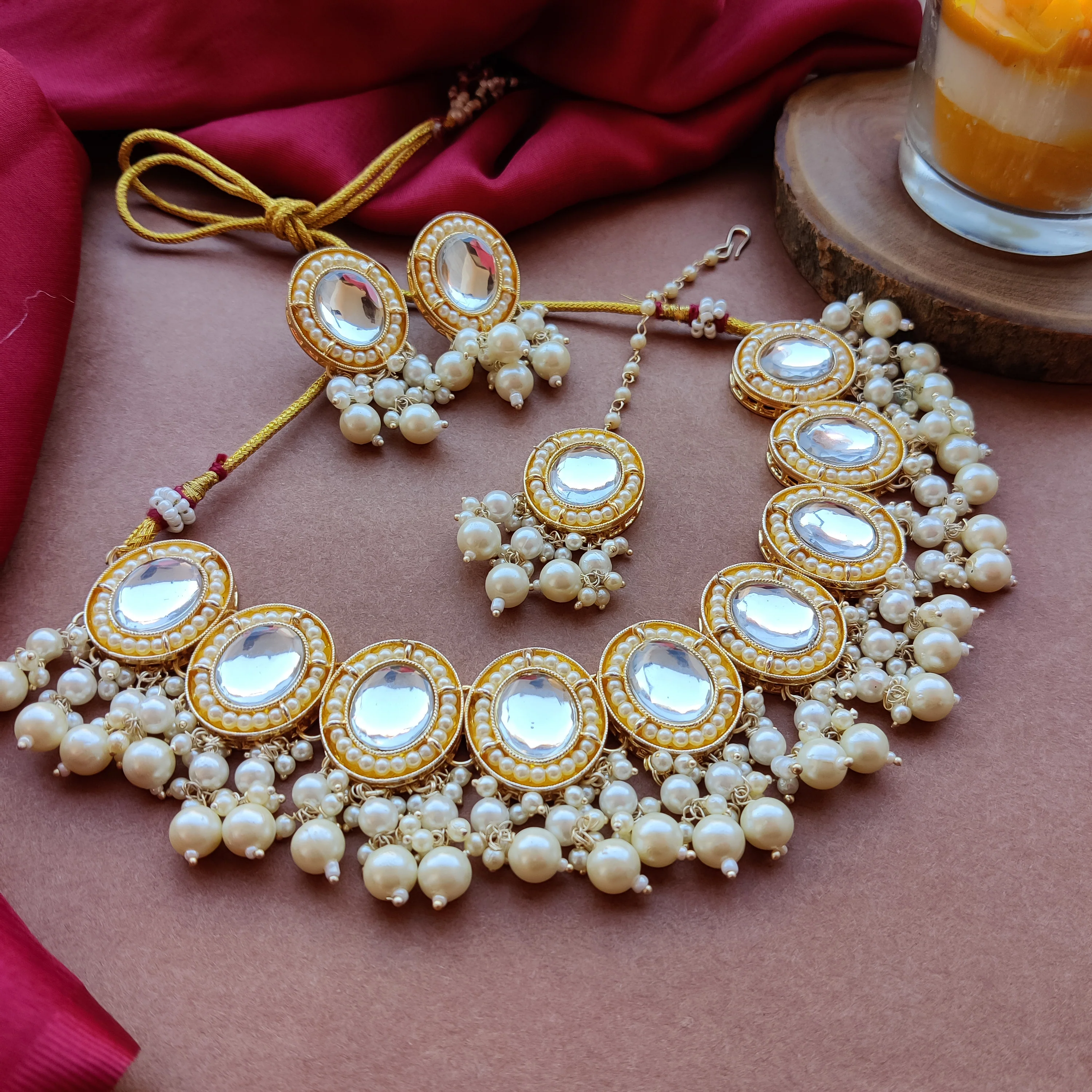 Saugaat Kundan Pearl Necklace Set with Earrings & Tika - Golden - Image 4