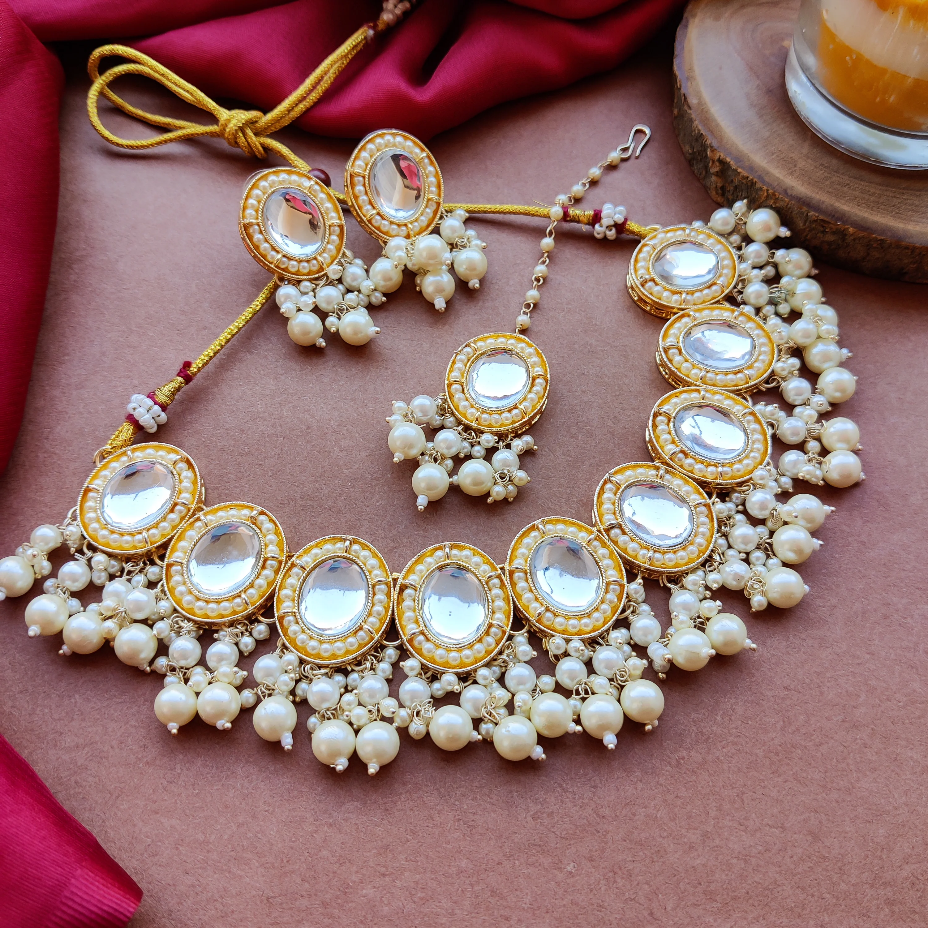 Saugaat Kundan Pearl Necklace Set with Earrings & Tika - Golden - Image 5