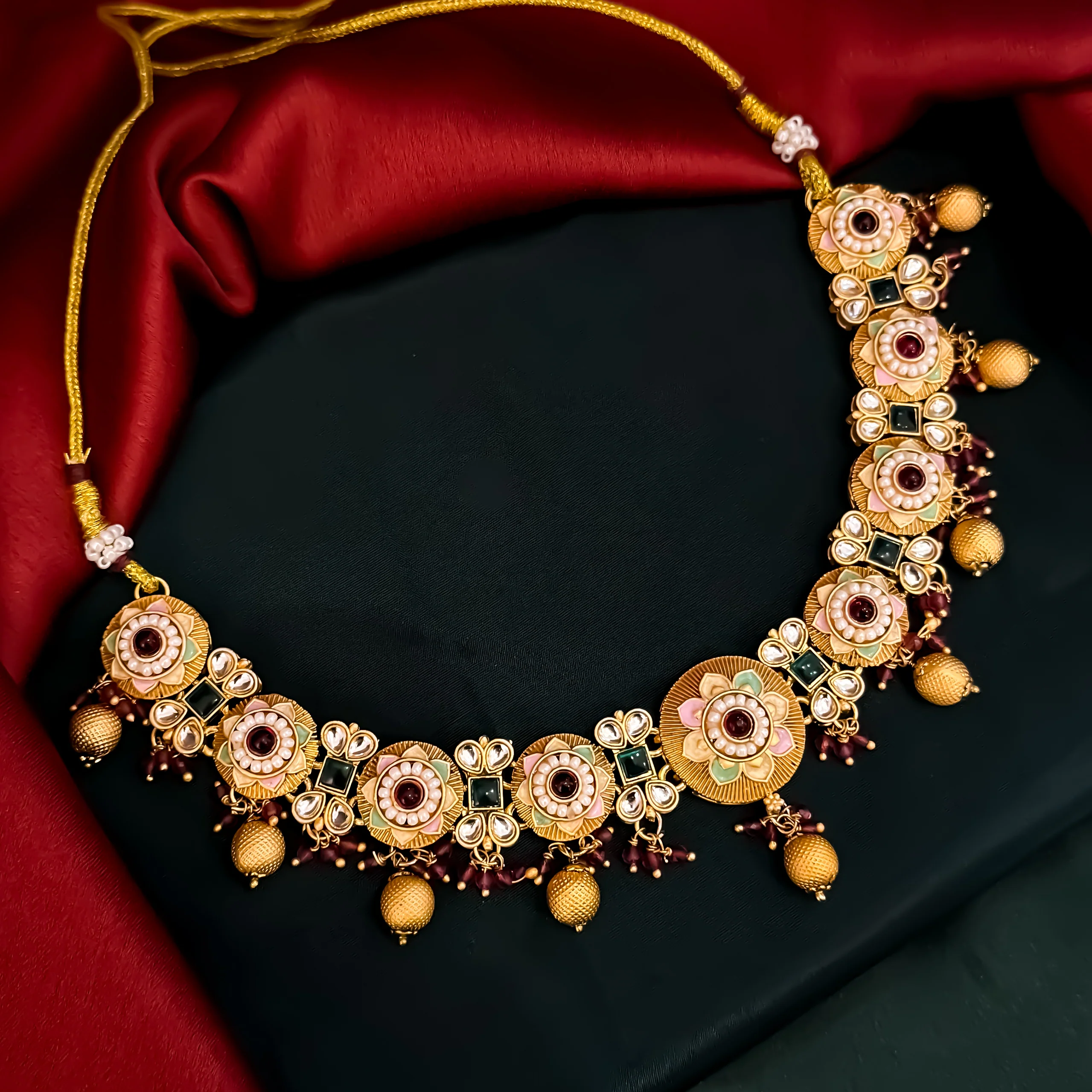 Sayantika Rajwadi Matte Polish Necklace Set - Pink & Green - Image 6