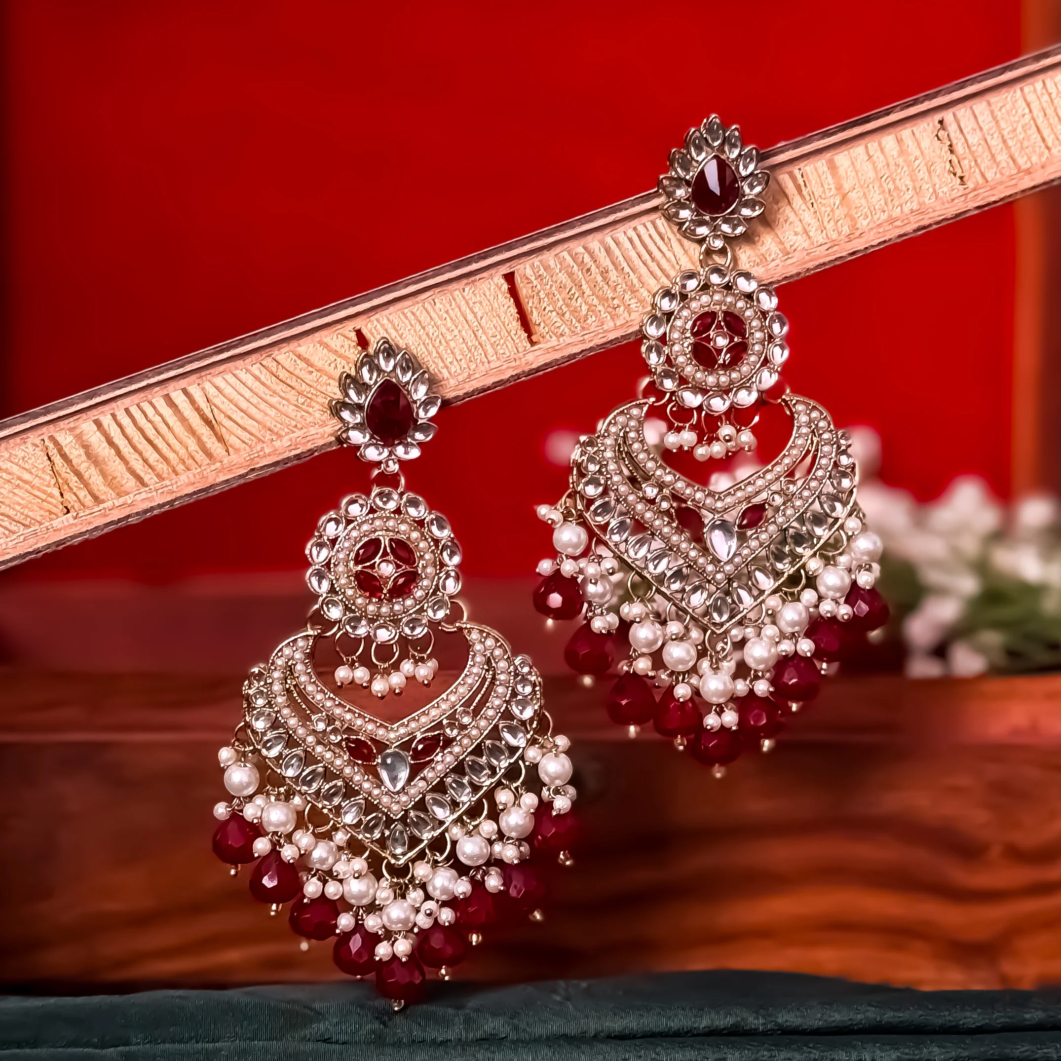 Shaba Jadau Kundan Chandbali Earrings - Maroon - Image 3