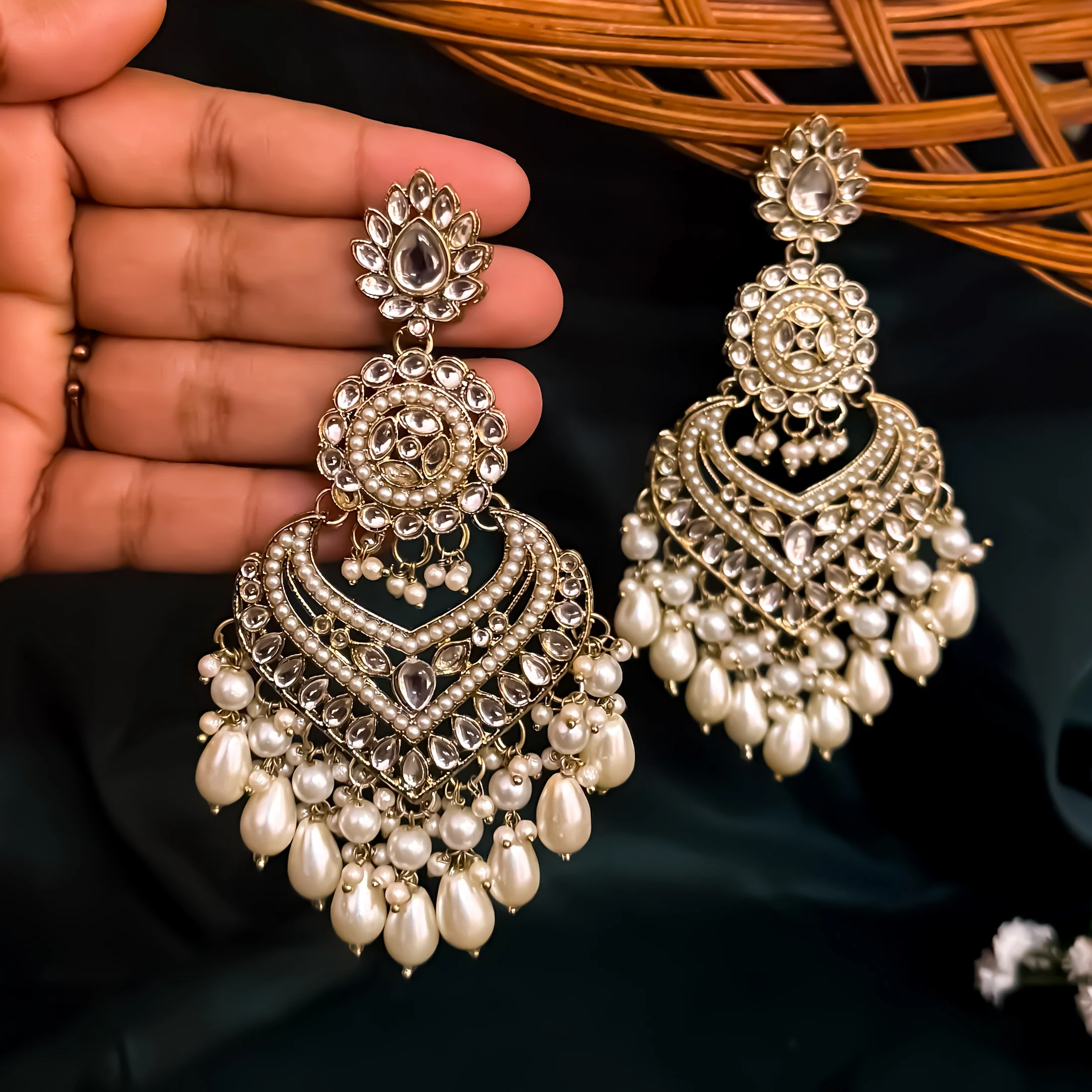 Shaba Jadau Kundan Chandbali Earrings - Golden - Image 6