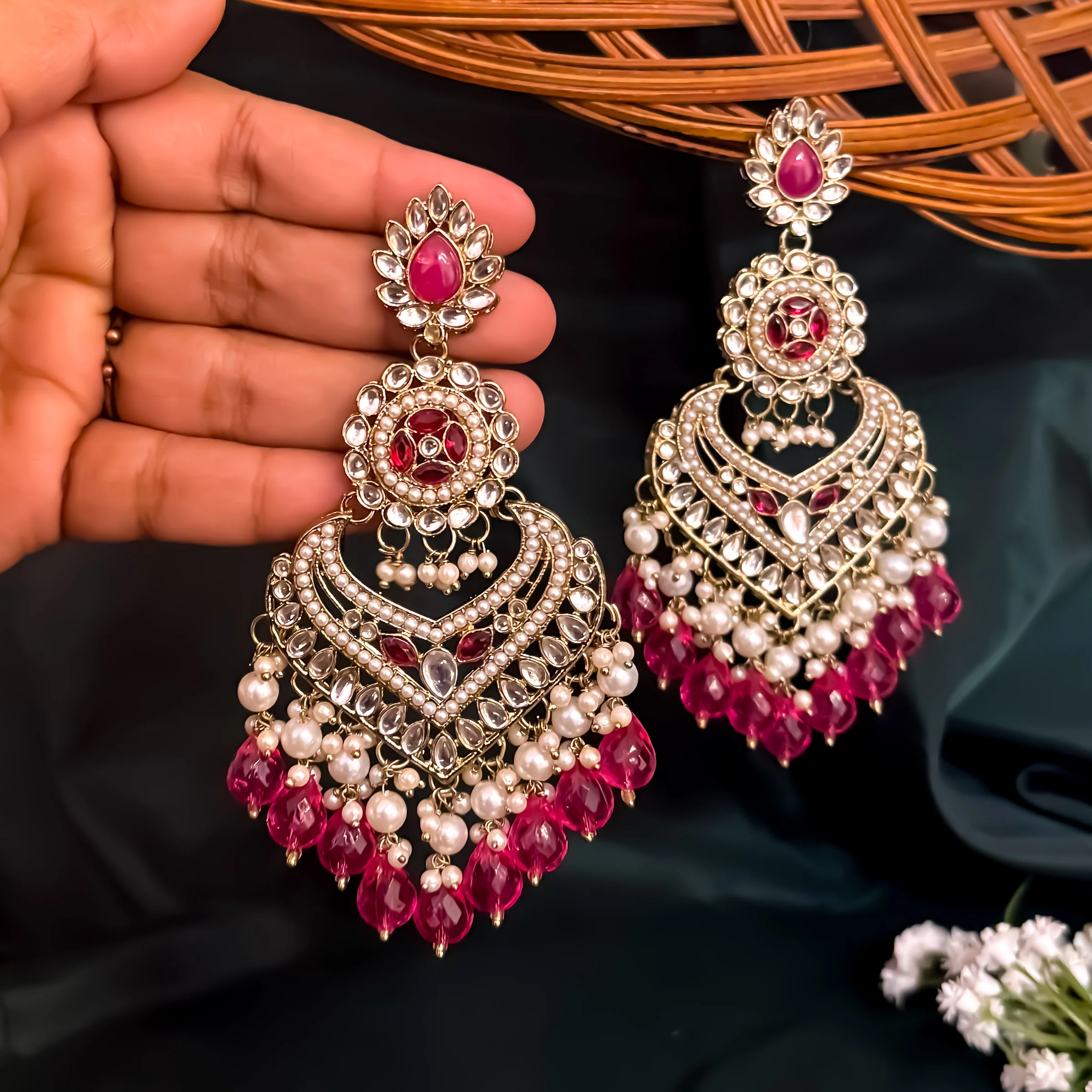 Shaba Jadau Kundan Chandbali Earrings - Hot Pink - Image 3