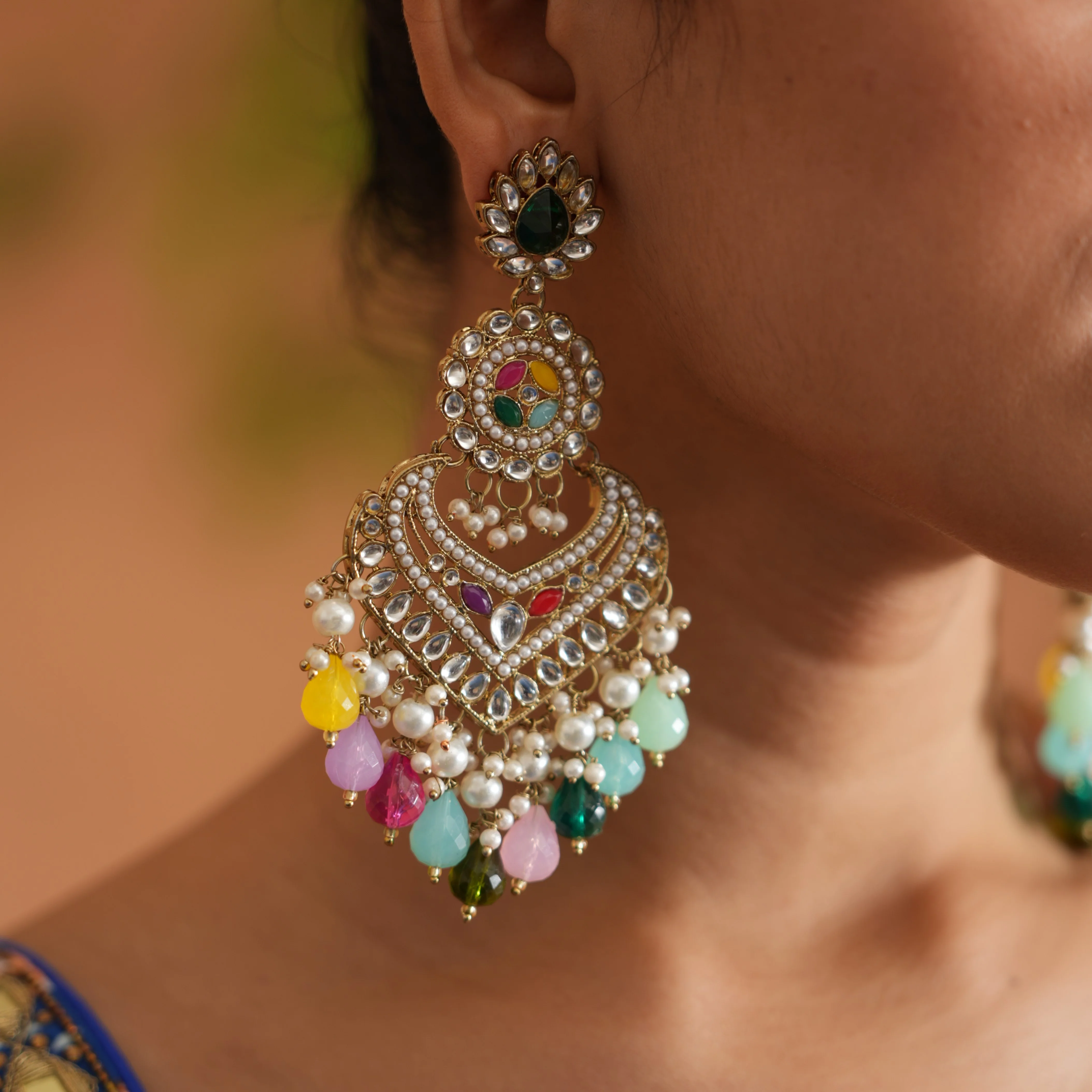 Shaba Jadau Kundan Chandbali Earrings - Multi - Image 3