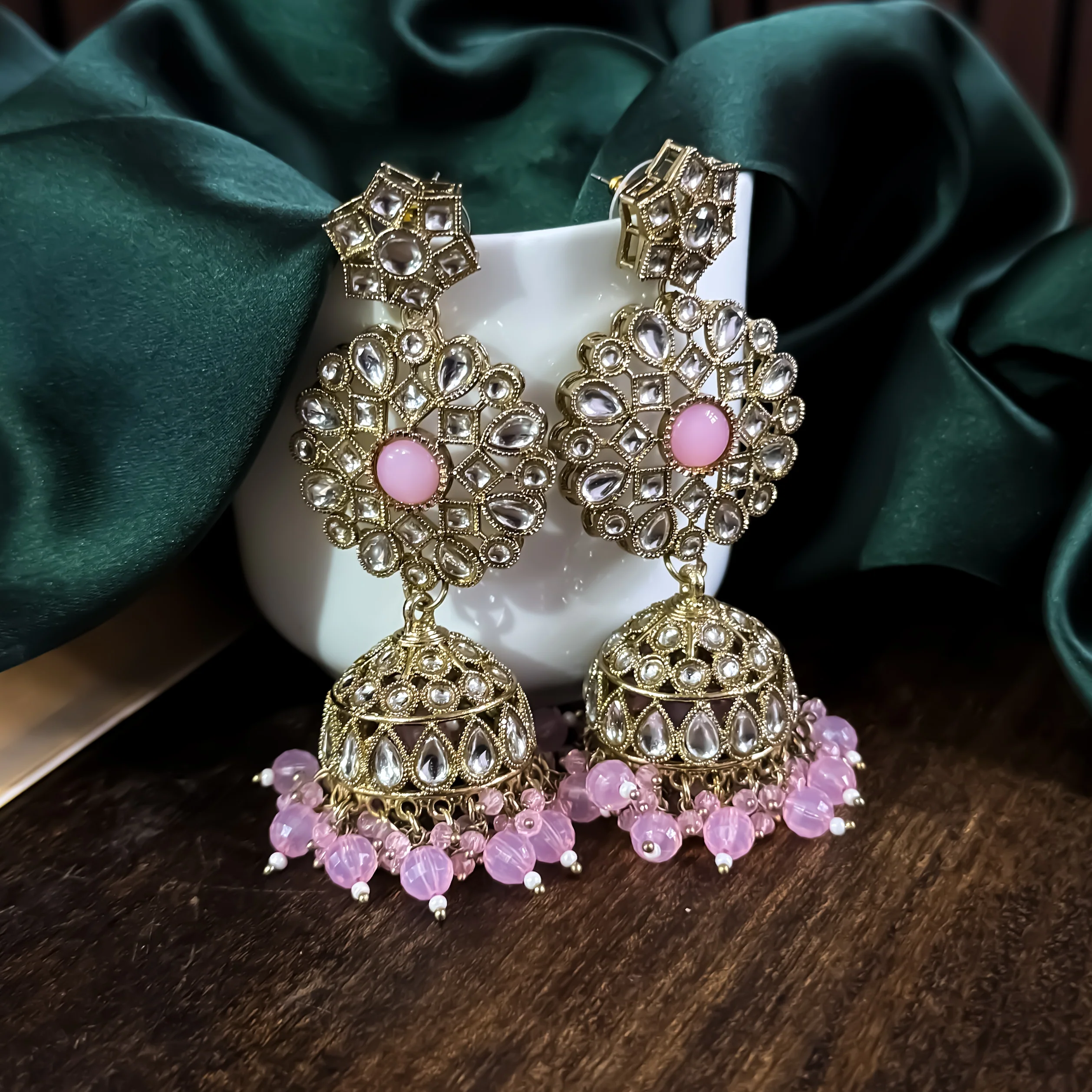 Shabana Premium Kundan Pearl Choker Necklace Set - Baby Pink - Image 7